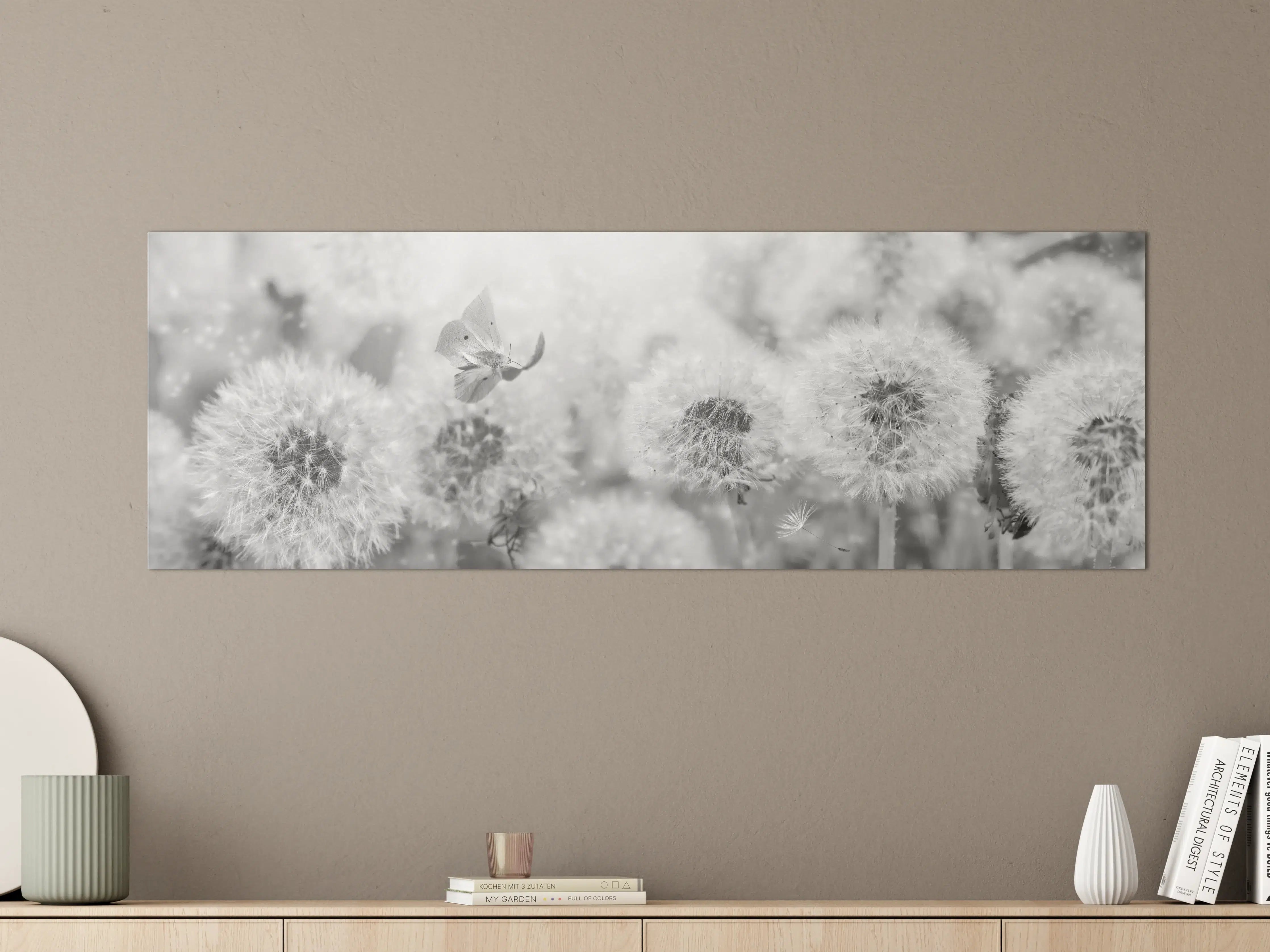 Große Wandbilder - Weiße Pusteblumen mit Schmetterling in Graustufen