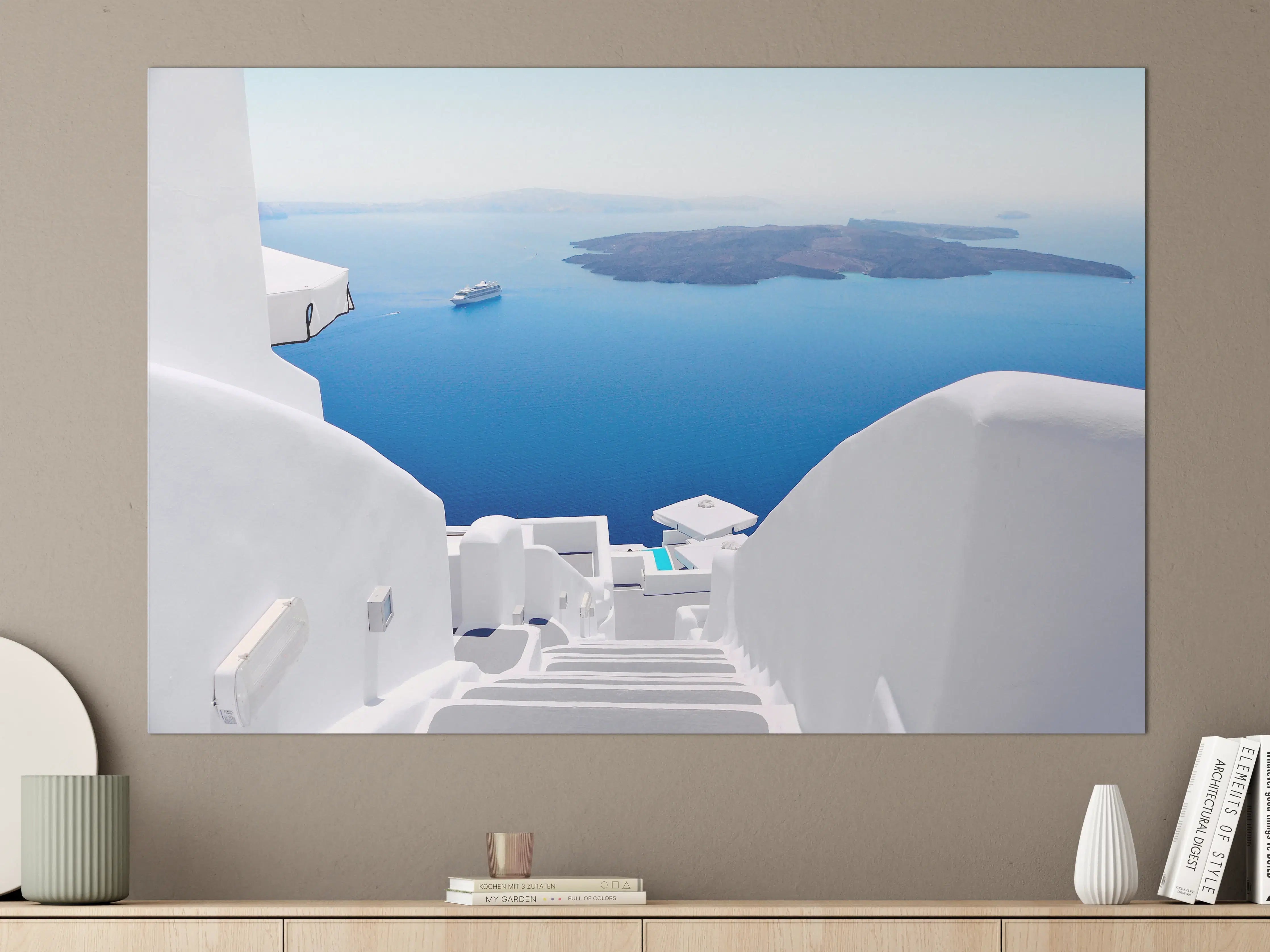 Große Wandbilder - Weiße Treppen mit Blick auf das Meer in Santorini