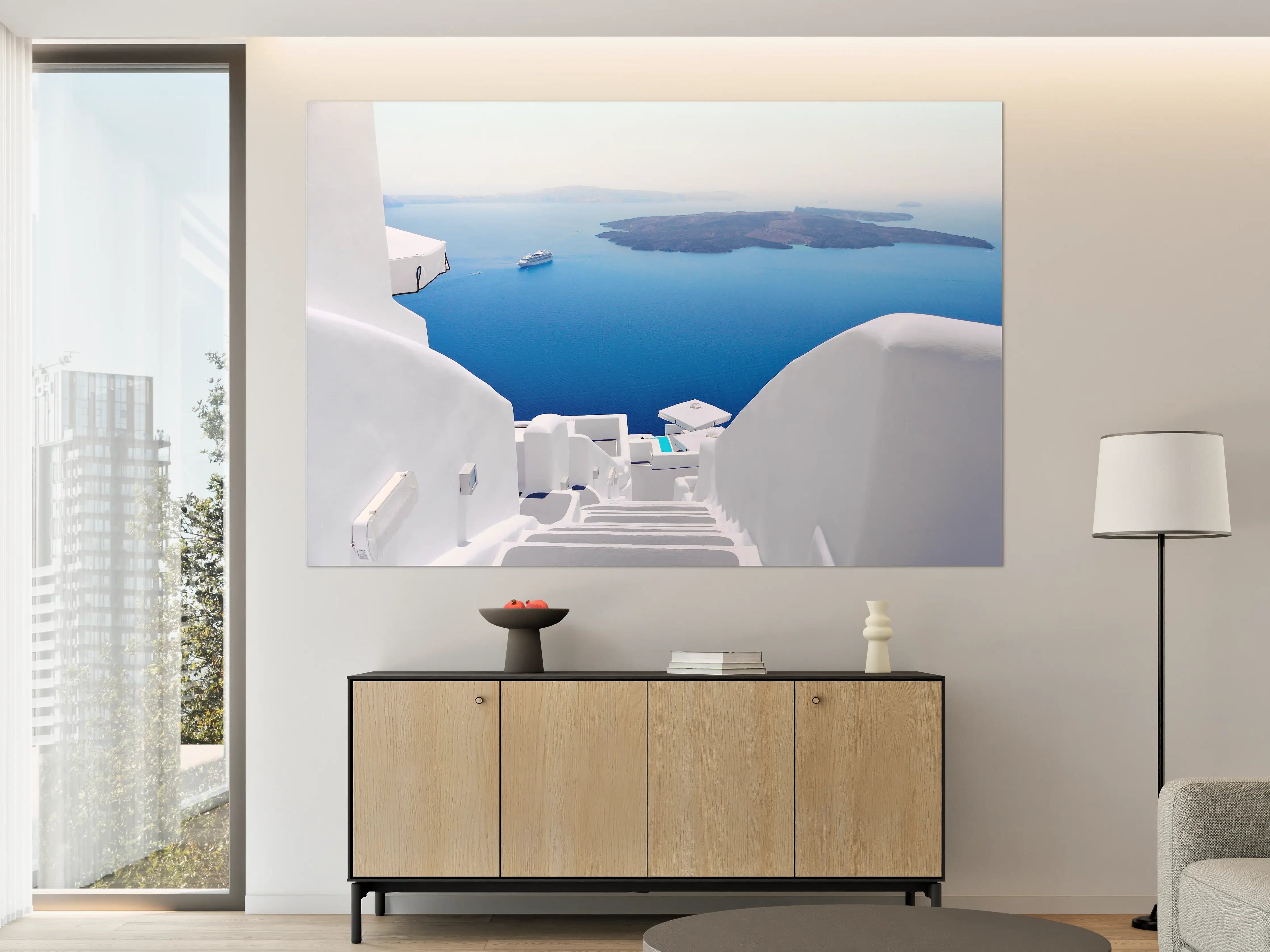 Große Wandbilder - Weiße Treppen mit Blick auf das Meer in Santorini
