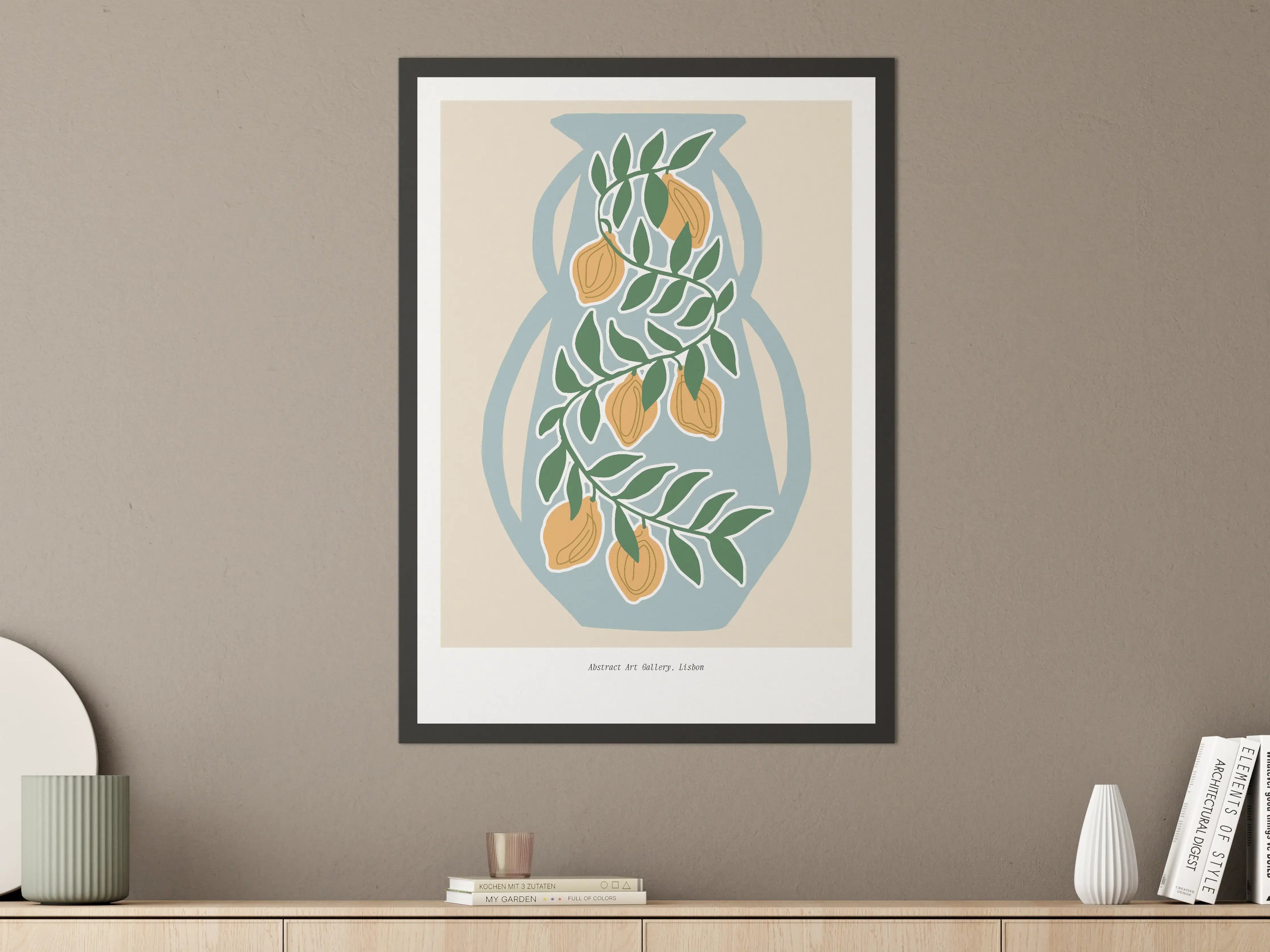 Große Wandbilder - Weiße Vase mit Lorbeerzweigen und Orangen