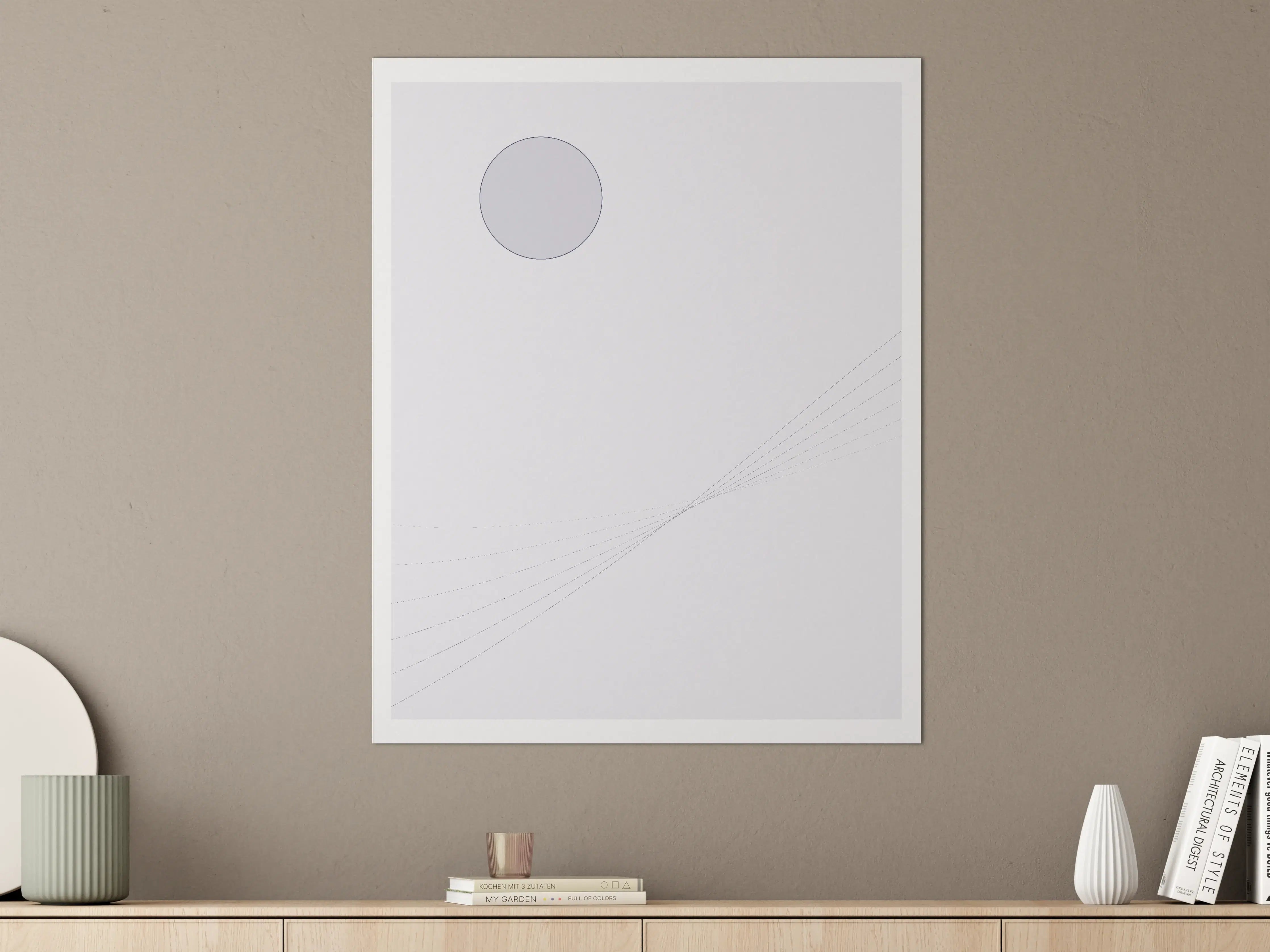 Große Wandbilder - Weiße Wand mit sanften Linien und Kreisakzent