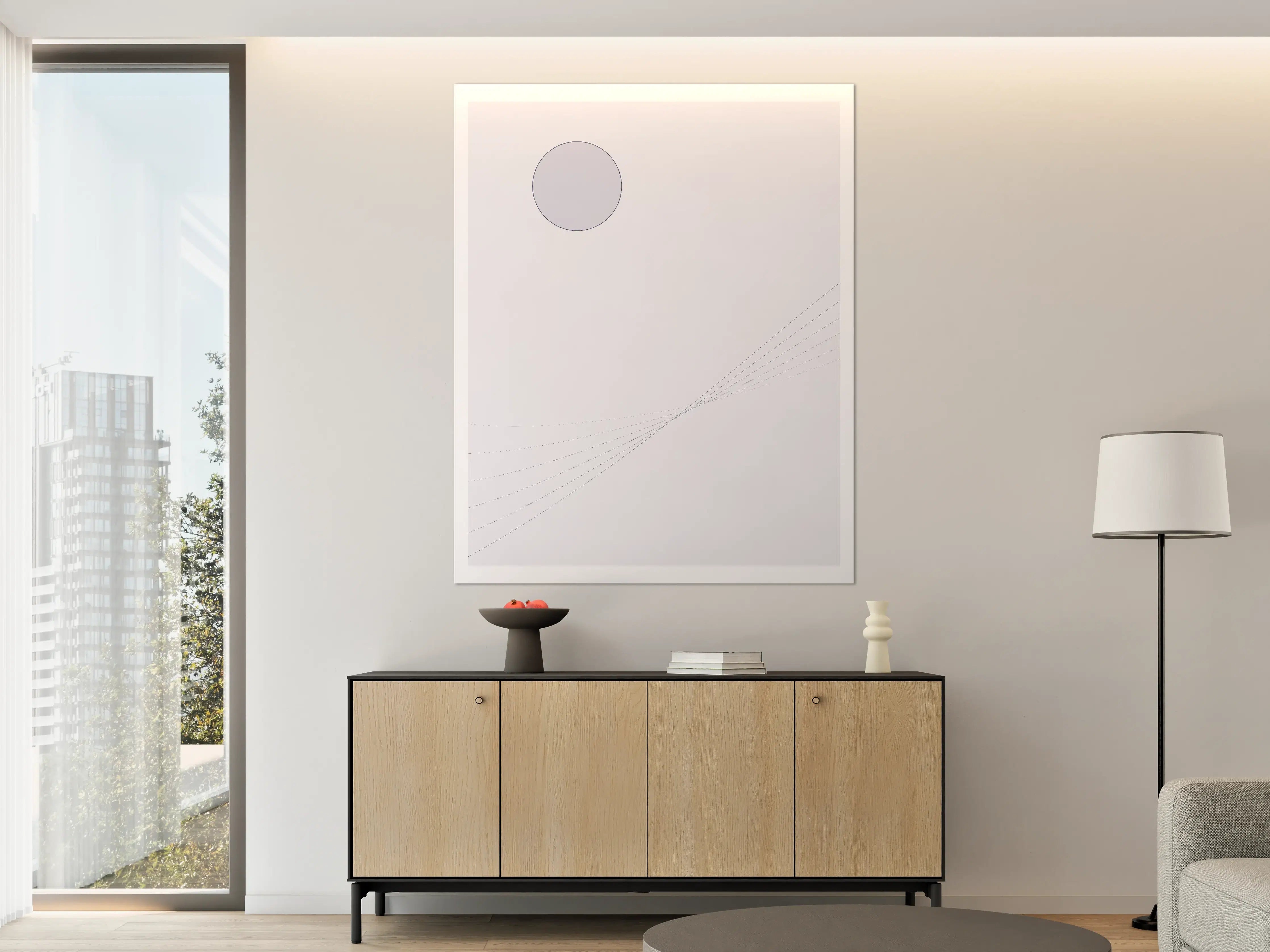 Große Wandbilder - Weiße Wand mit sanften Linien und Kreisakzent