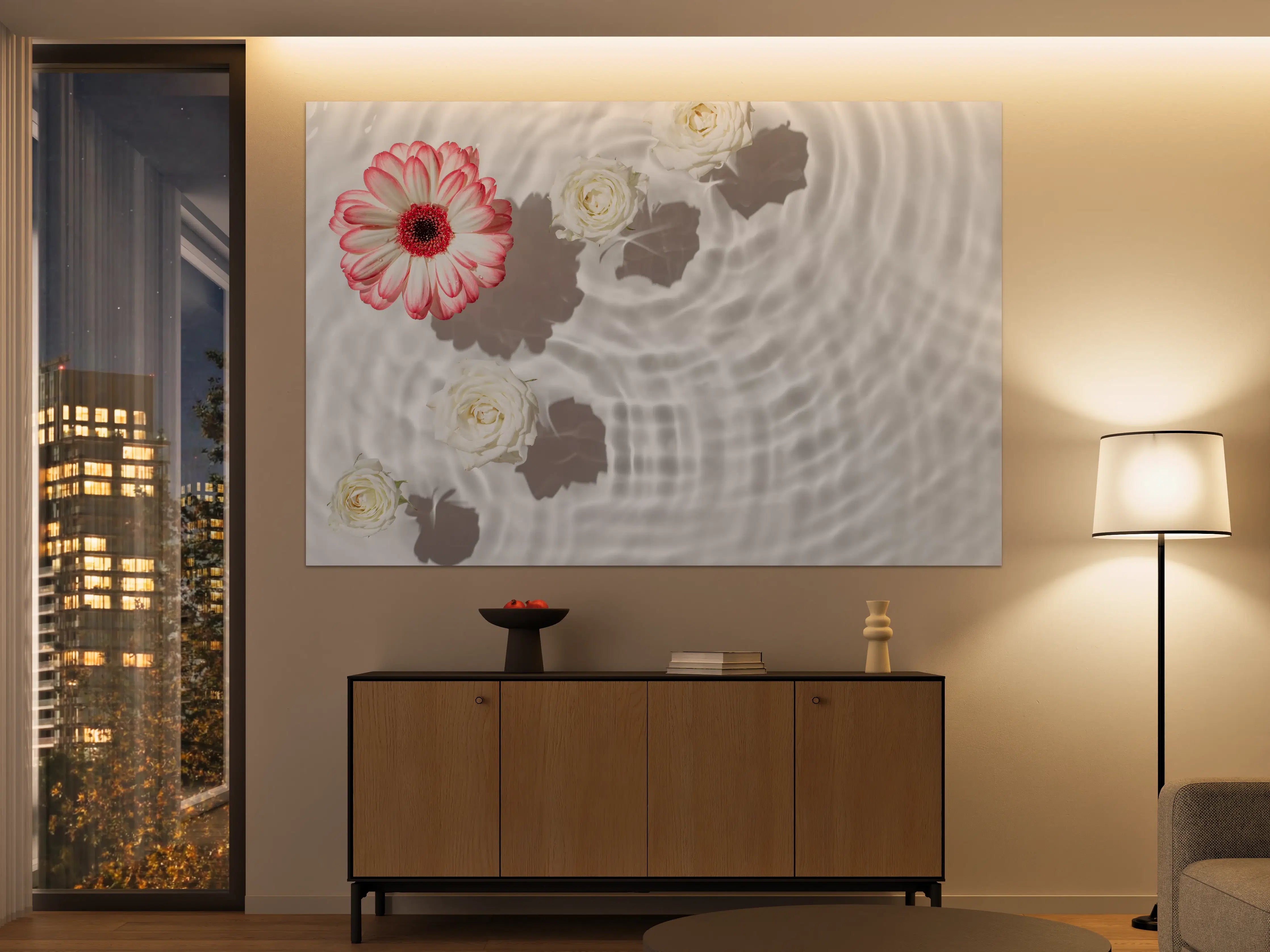 Große Wandbilder - Weiße Wasserblumen mit Rosa-Akzent