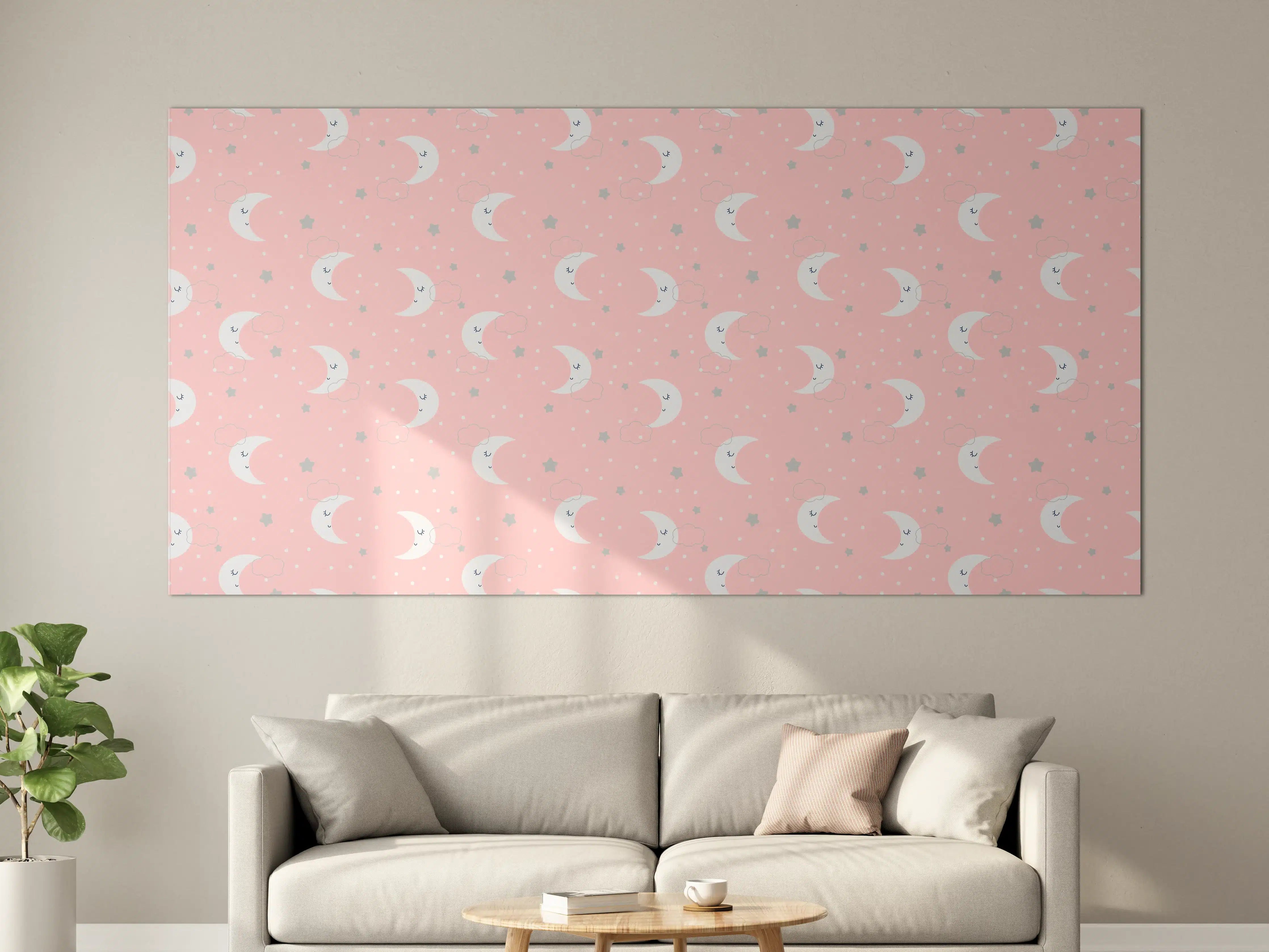 Große Wandbilder - Weiße Wölkchen und Mond auf rosa Hintergrund