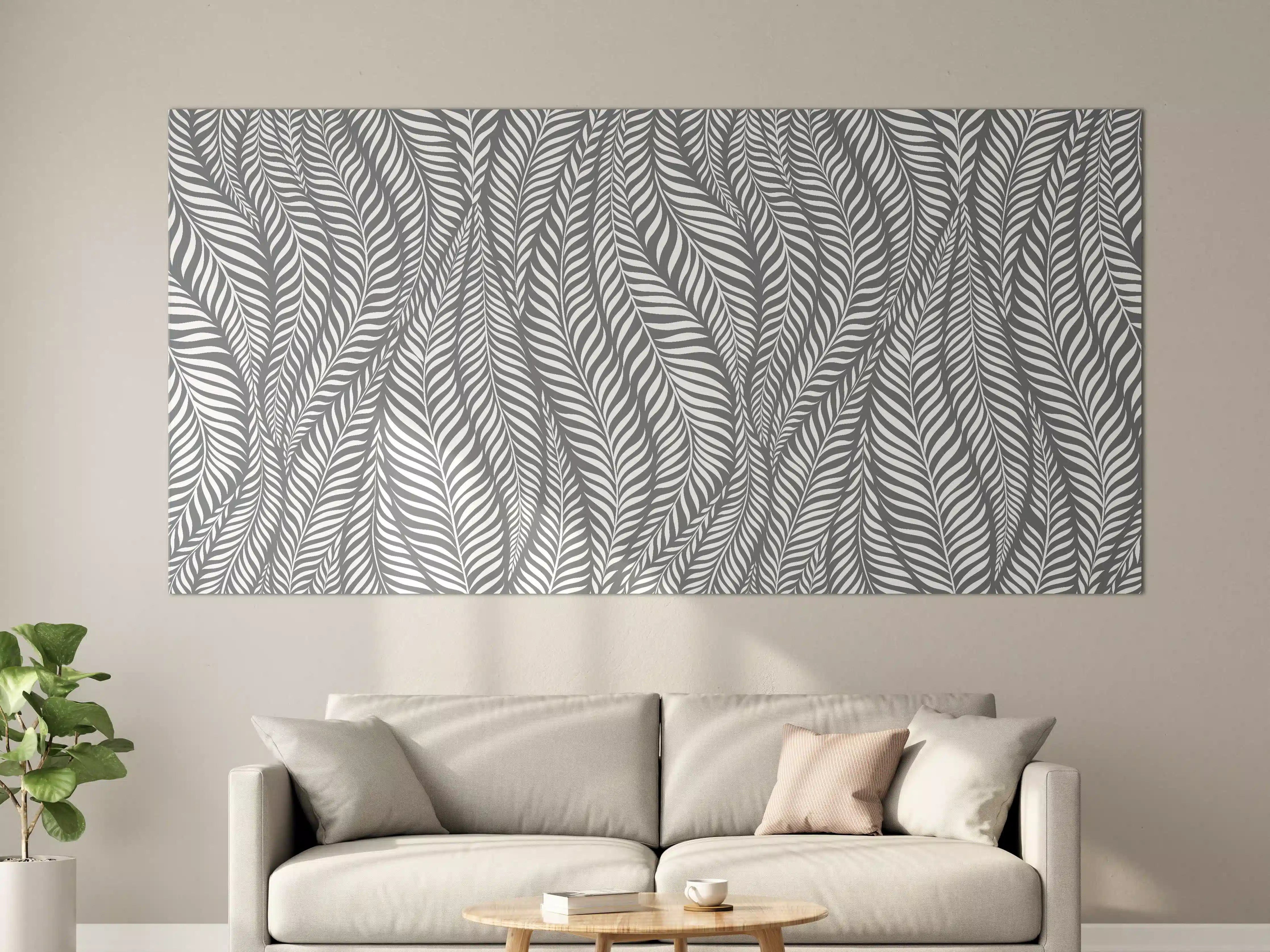 Große Wandbilder - Weiße und Graue Blätter-Musterwandbild