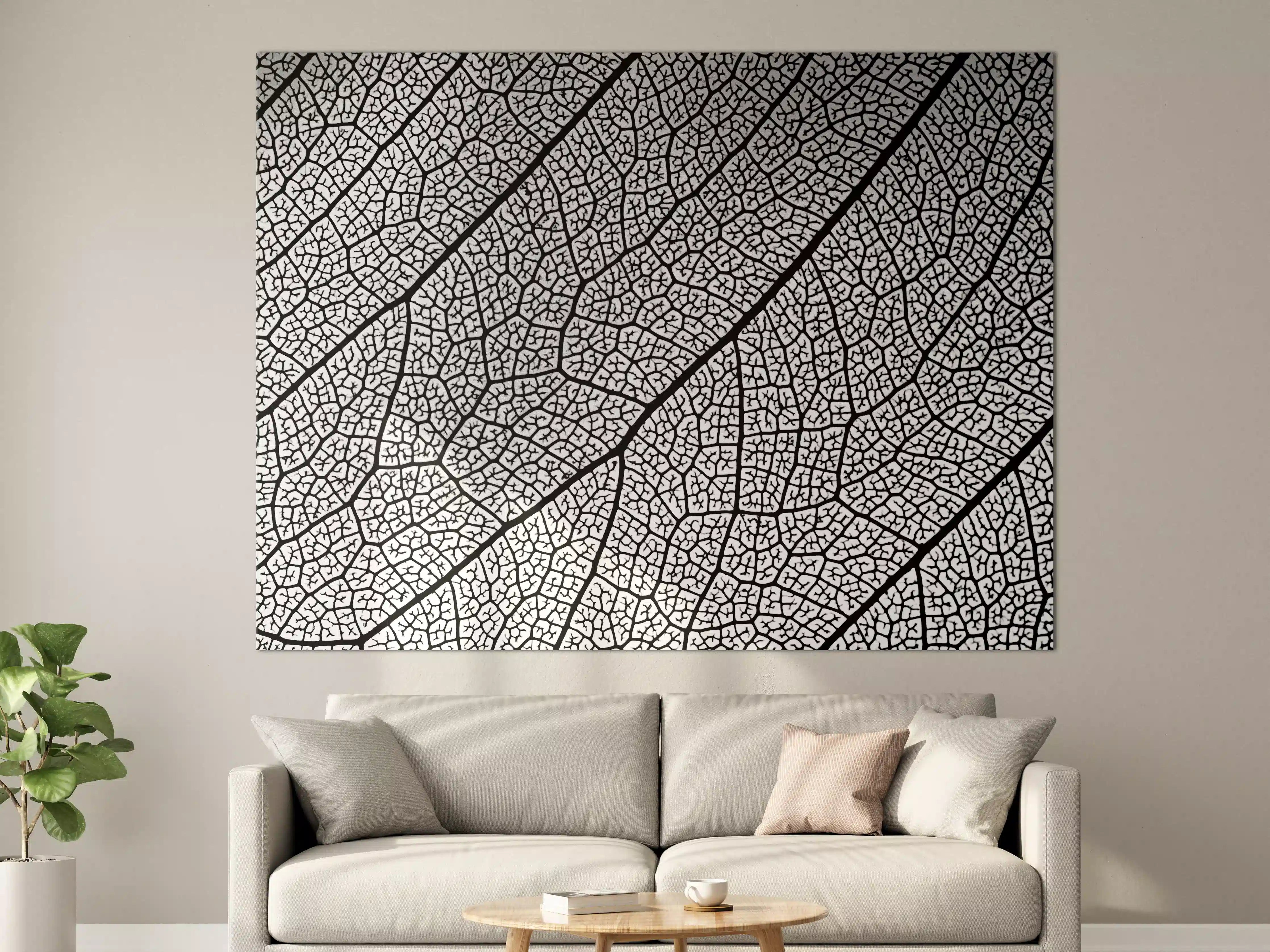 Große Wandbilder - Weiße und schwarze Blattform mit filigranen Details