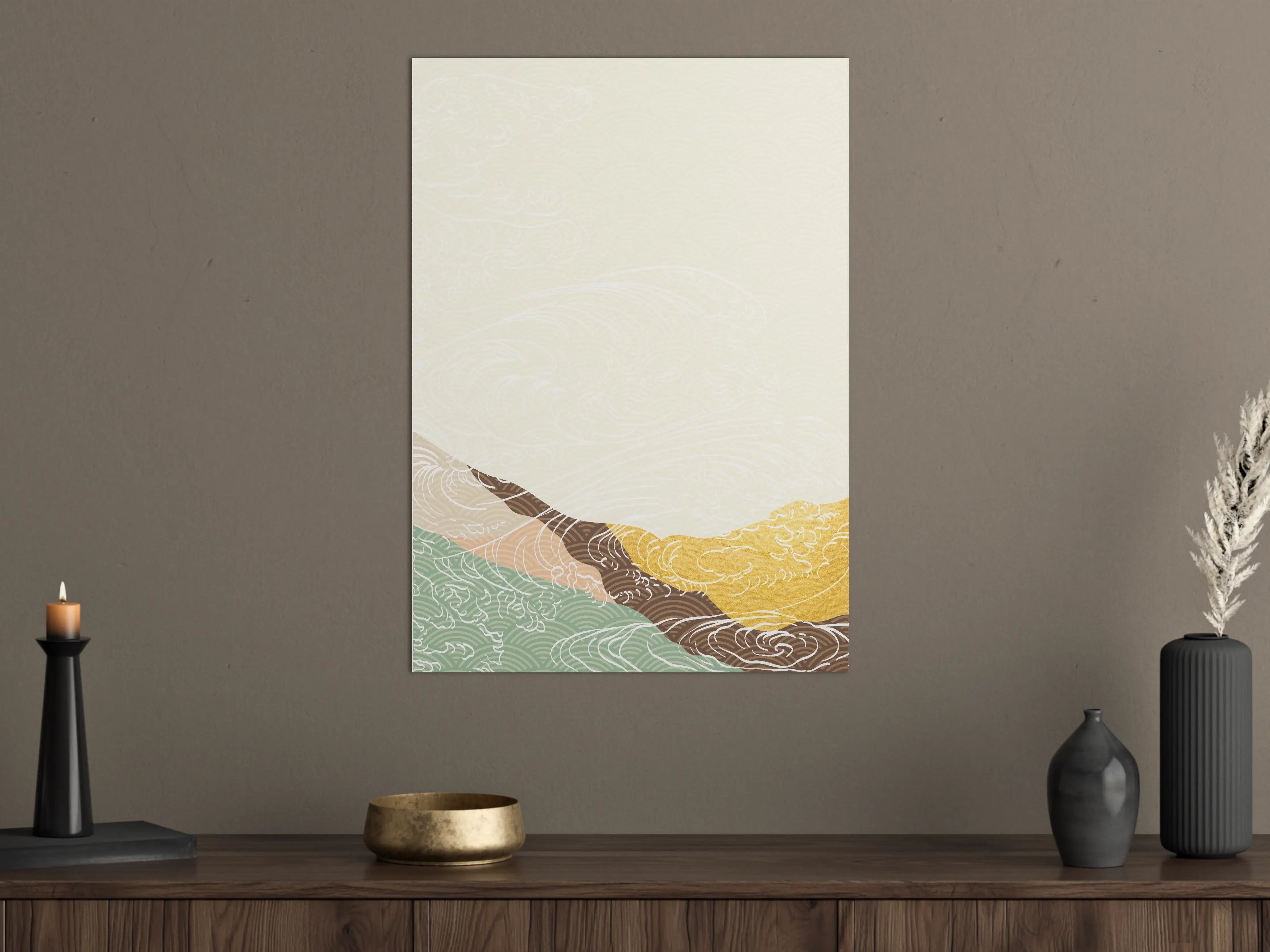 Große Wandbilder - Weißer Hintergrund mit goldenen, braunen und grünen Akzenten