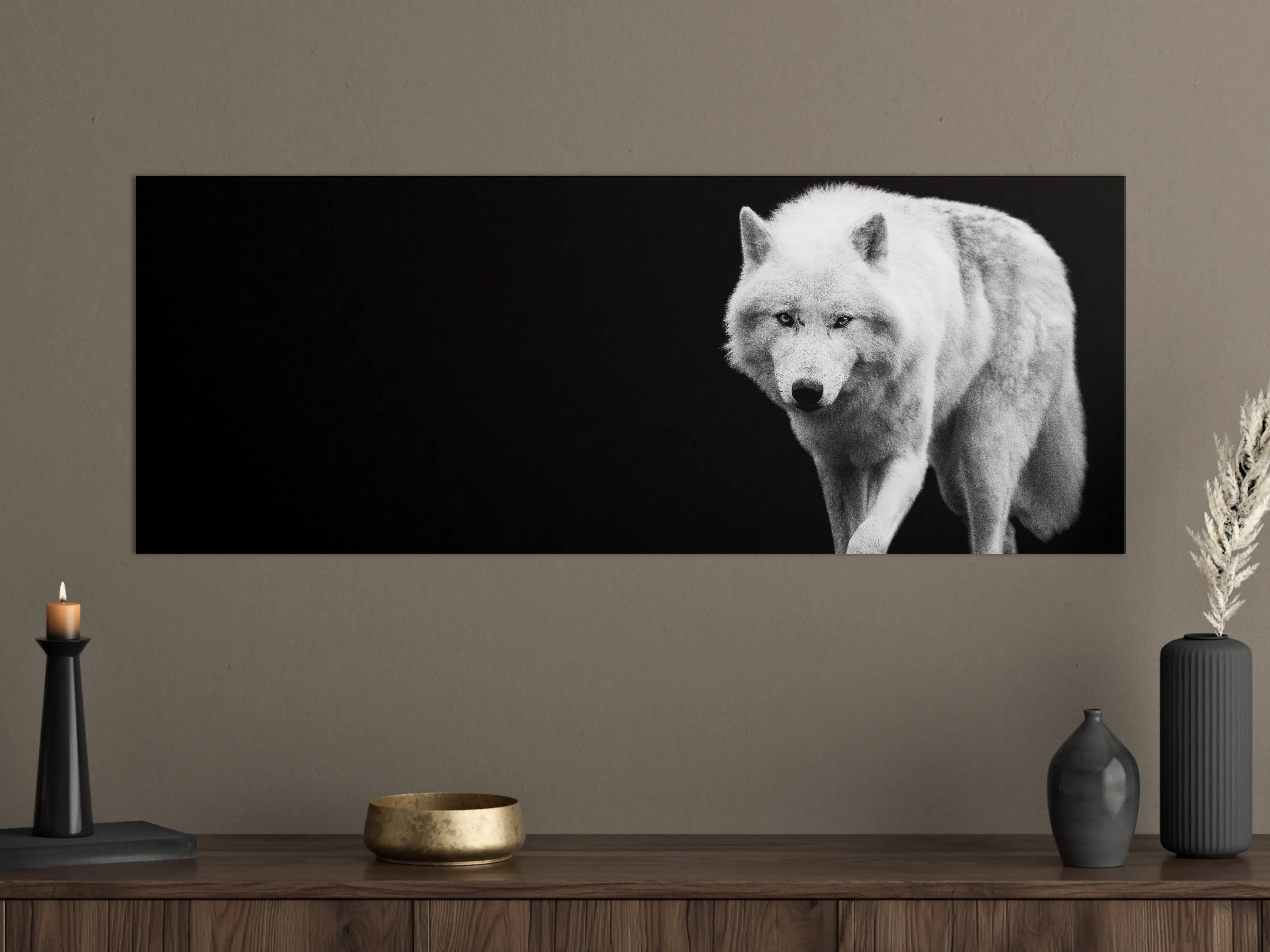 Große Wandbilder - Weißer Wolf mit schwarzem Hintergrund