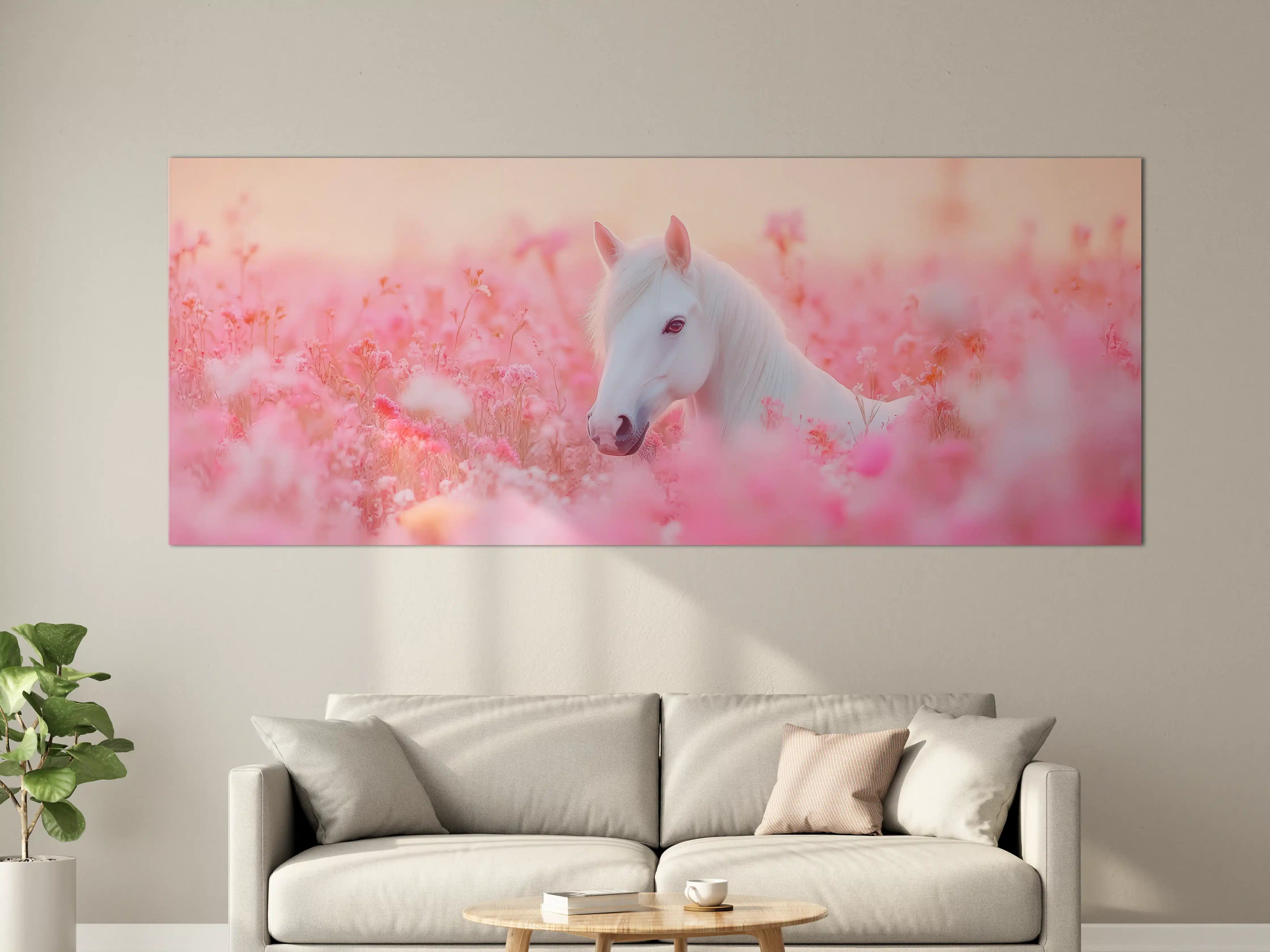 Große Wandbilder - Weißes Einhorn in rosa Blumenwiese