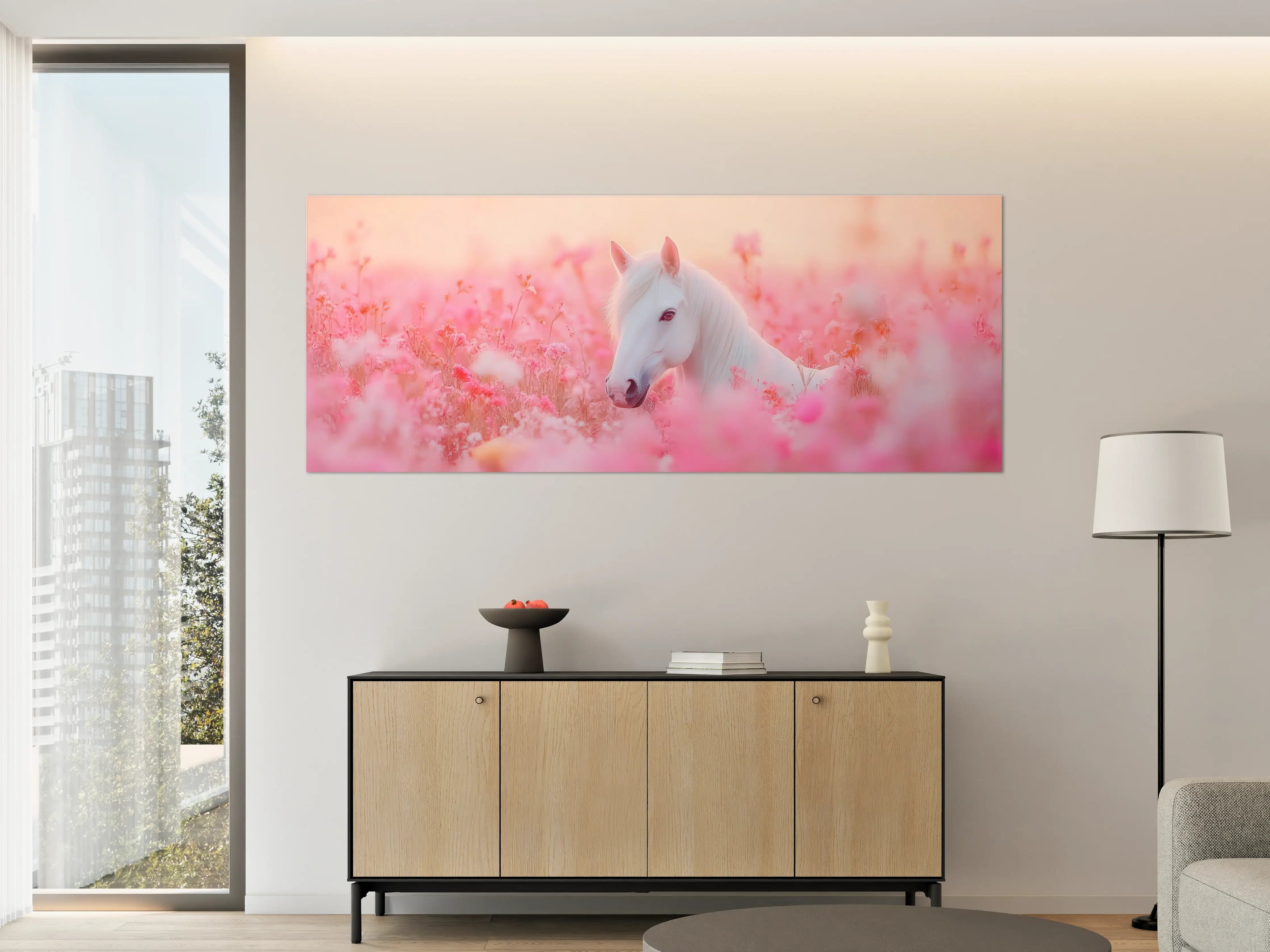 Große Wandbilder - Weißes Einhorn in rosa Blumenwiese