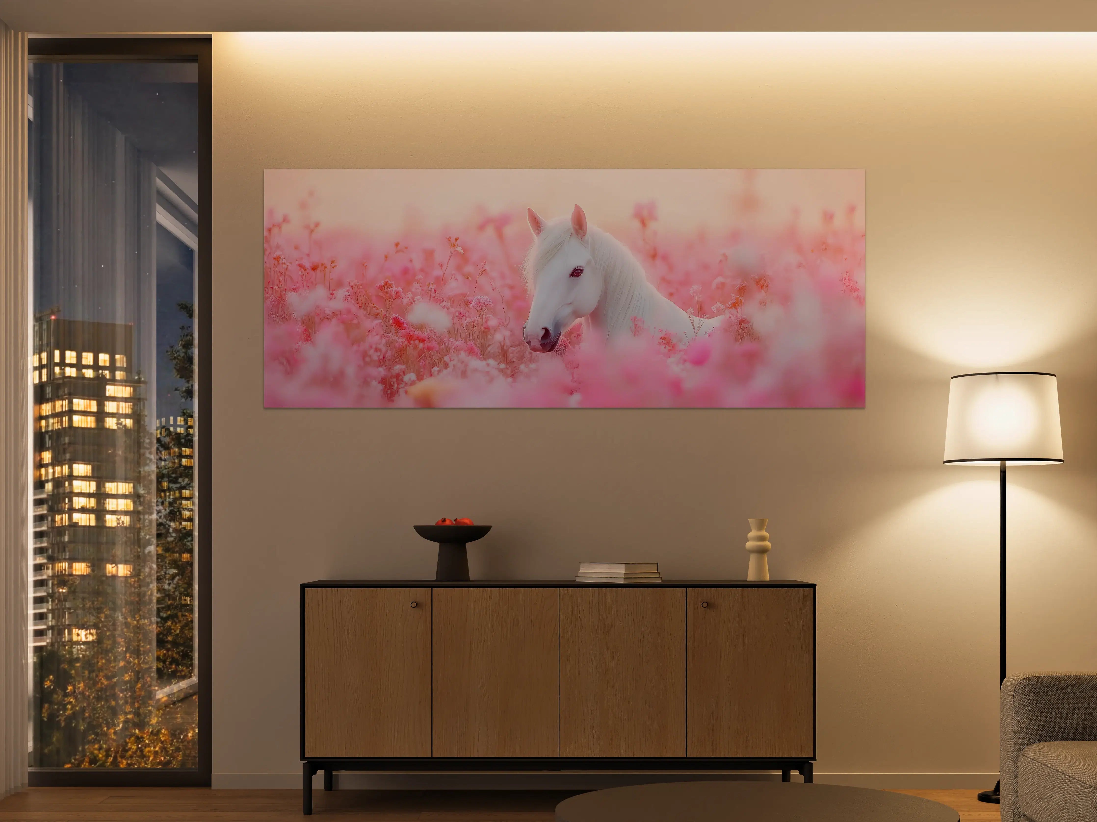 Große Wandbilder - Weißes Einhorn in rosa Blumenwiese