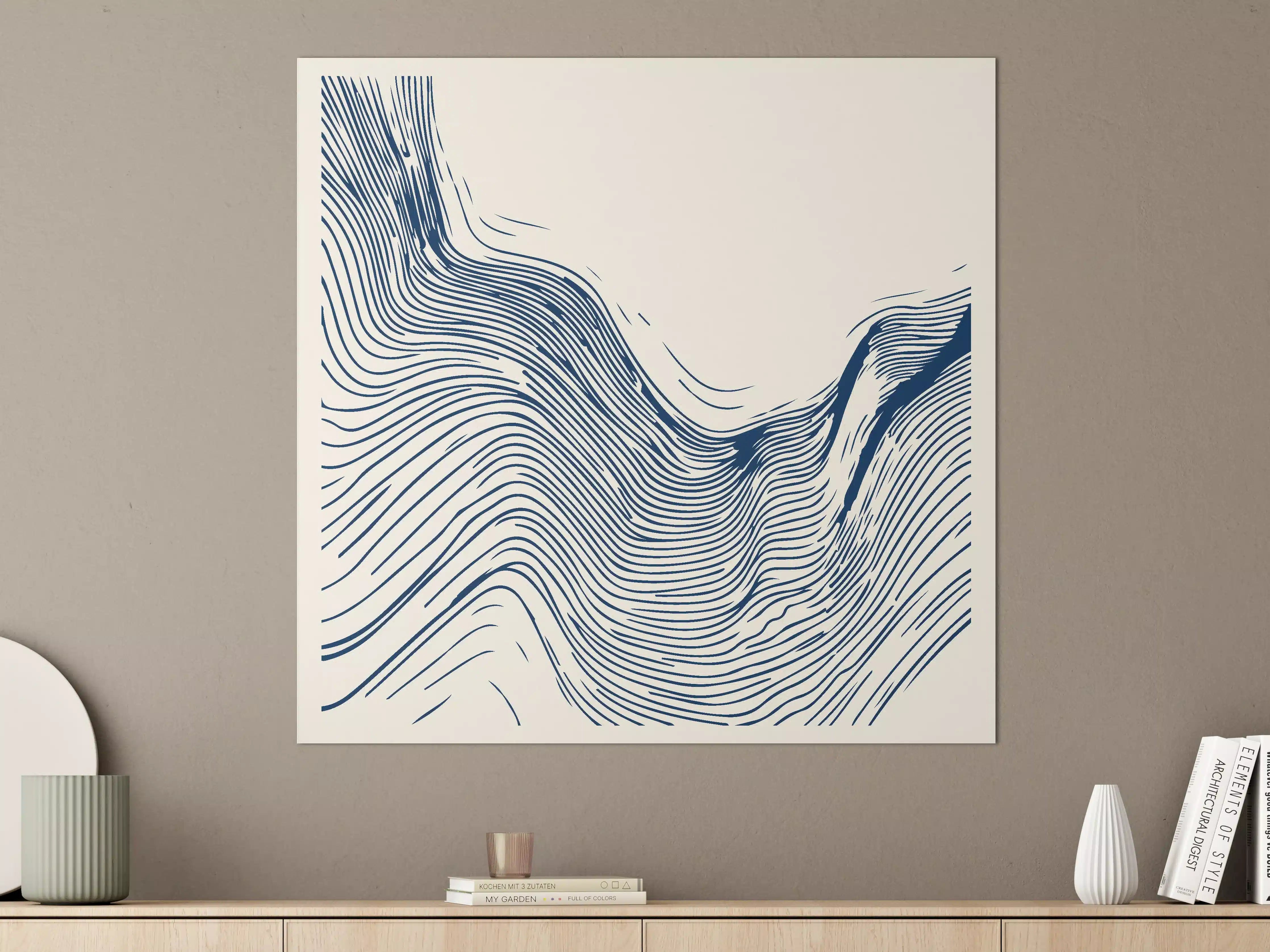 Große Wandbilder - Wellenförmiges Linienmuster in Blau