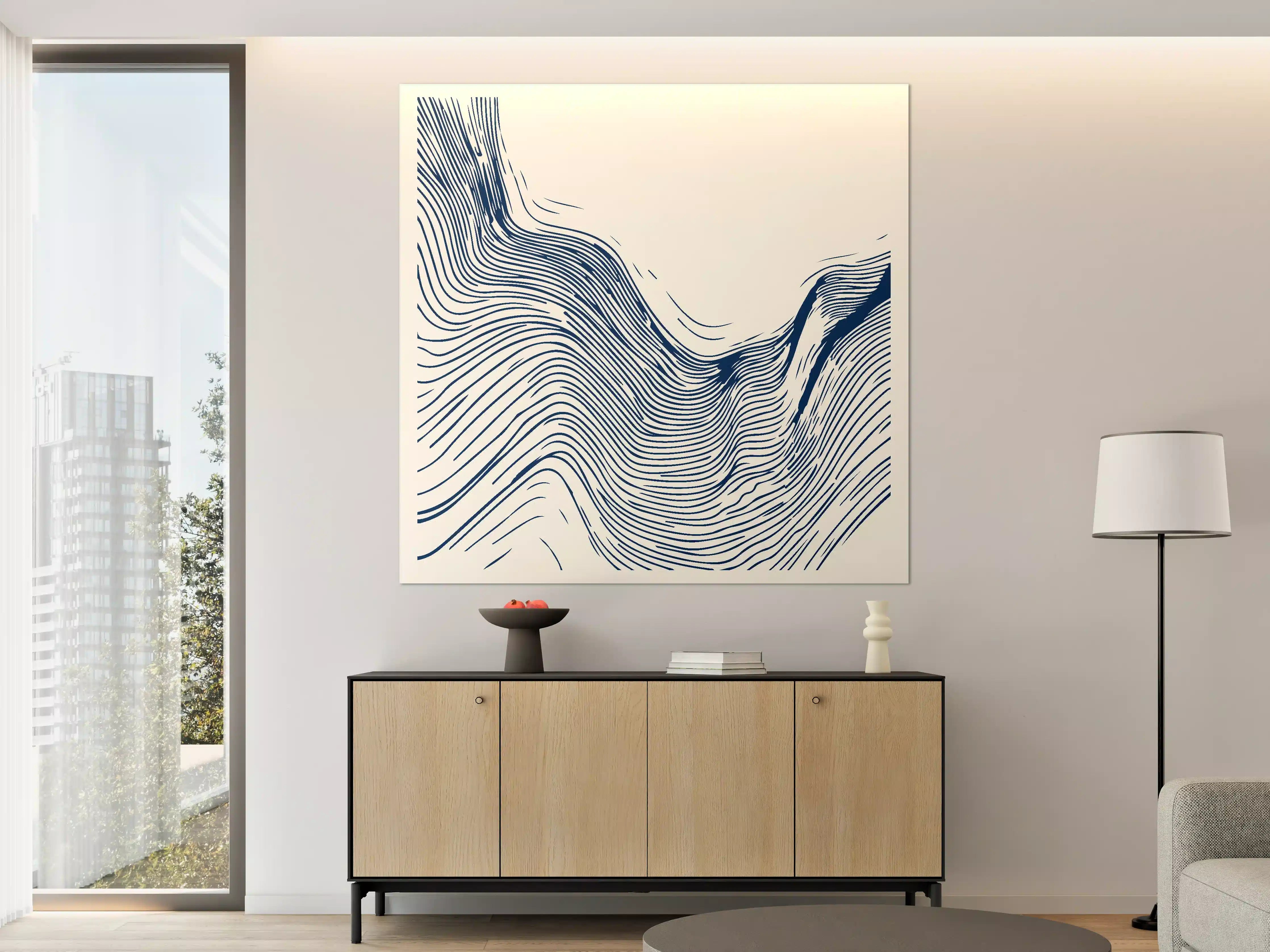 Große Wandbilder - Wellenförmiges Linienmuster in Blau