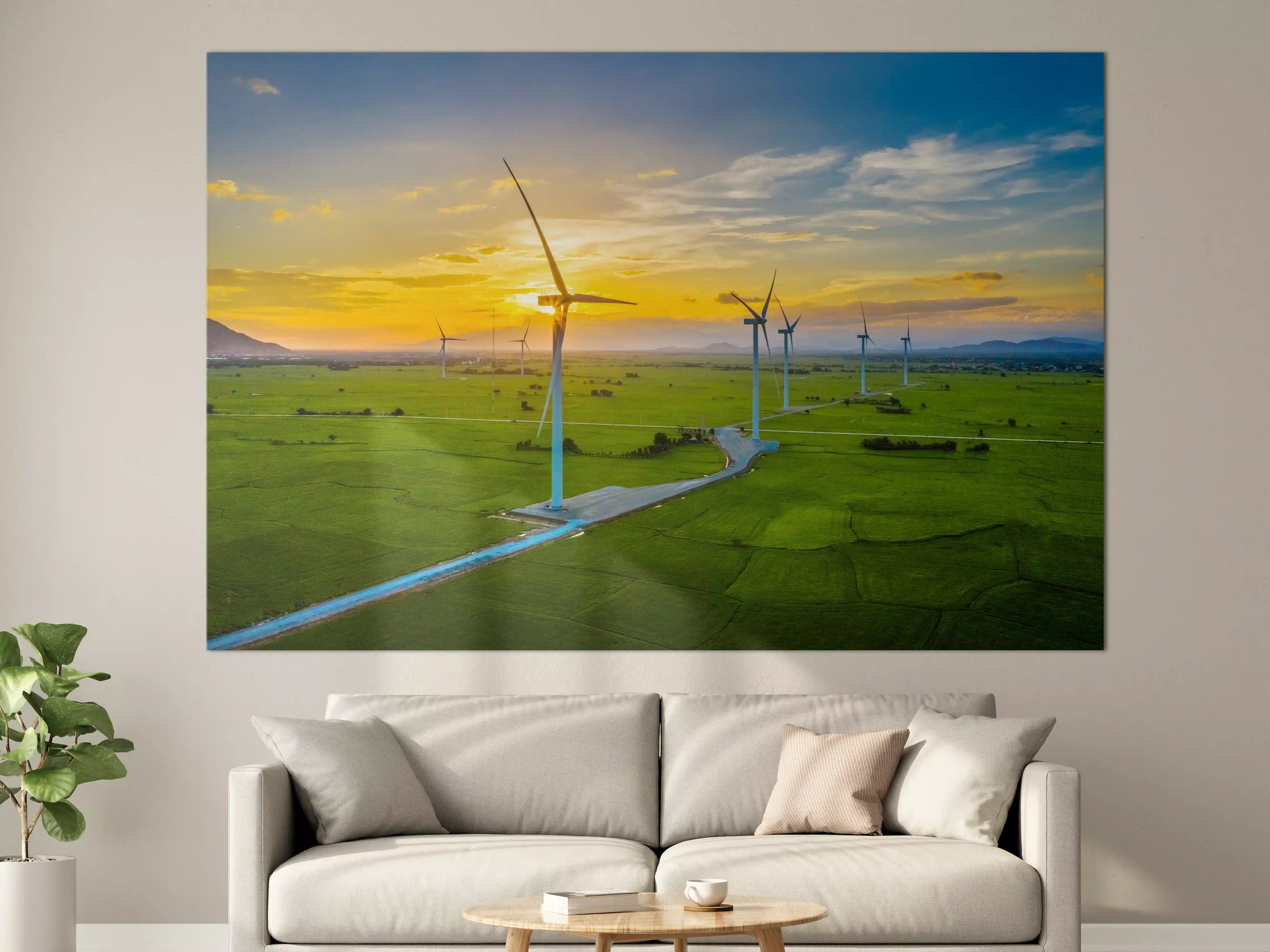 Große Wandbilder - Wind turbines bei Sonnenuntergang über grüner Landschaft