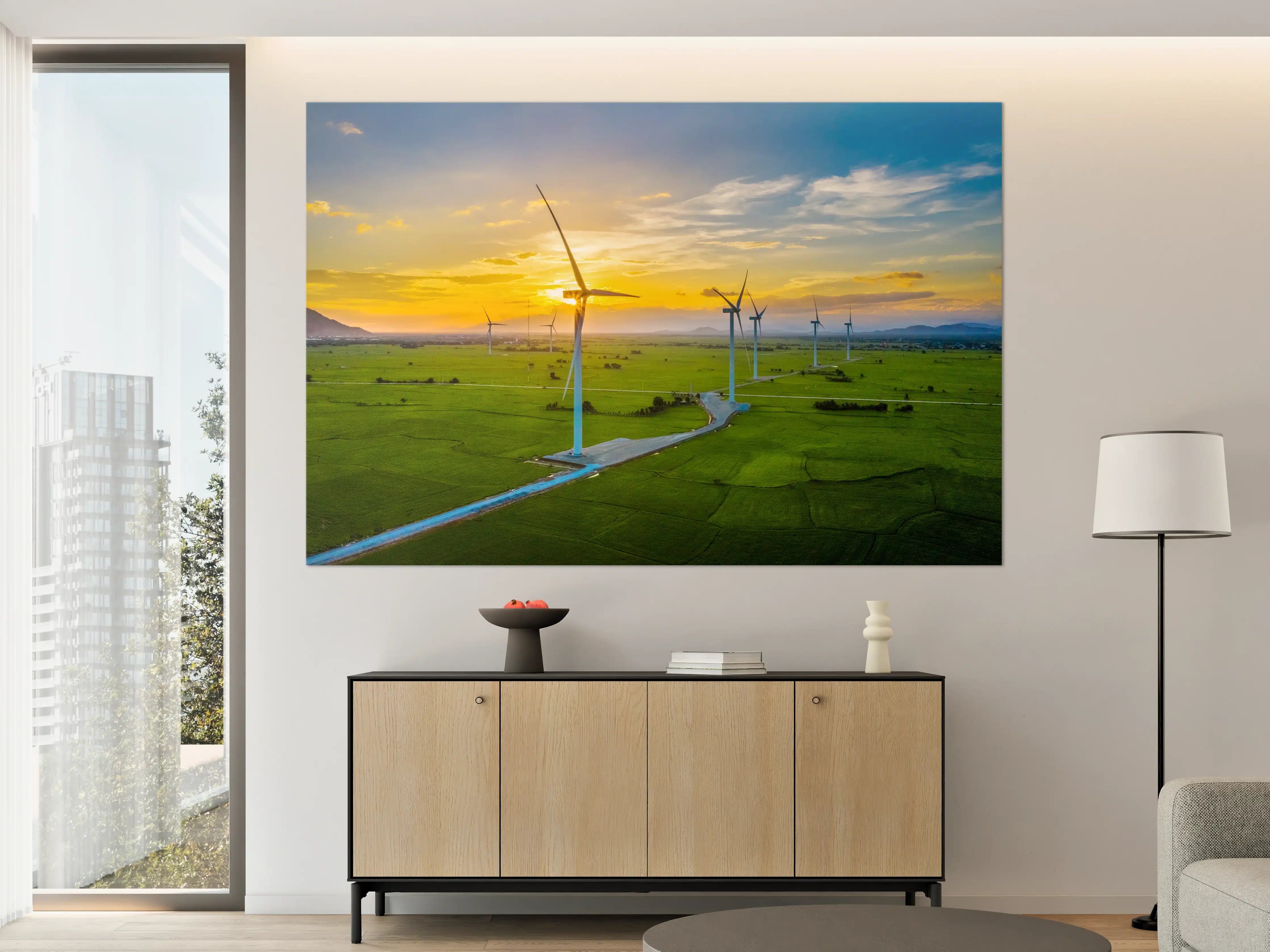 Große Wandbilder - Wind turbines bei Sonnenuntergang über grüner Landschaft