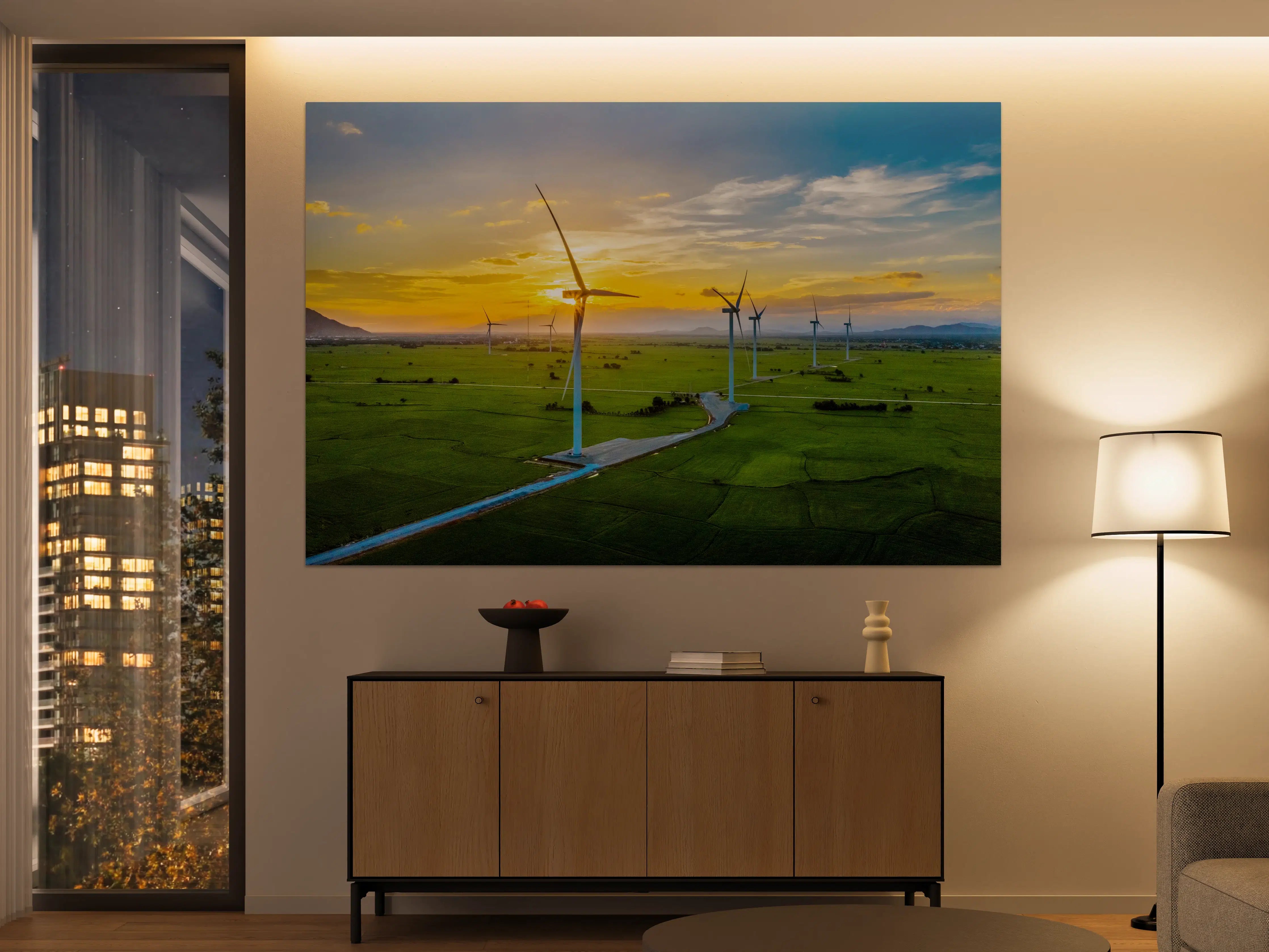 Große Wandbilder - Wind turbines bei Sonnenuntergang über grüner Landschaft