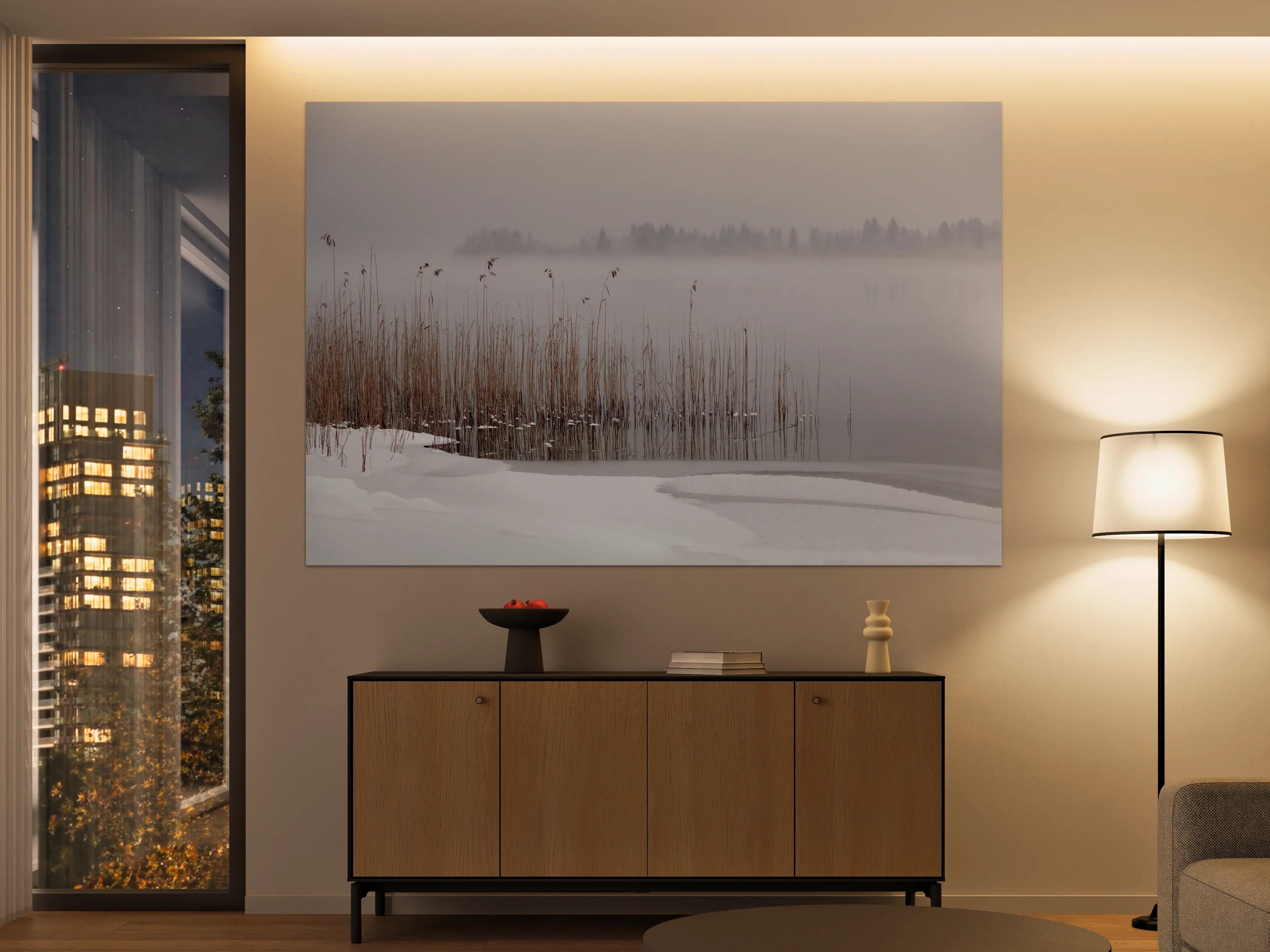 Große Wandbilder - Winterliche Seelandschaft mit Nebel und Reet