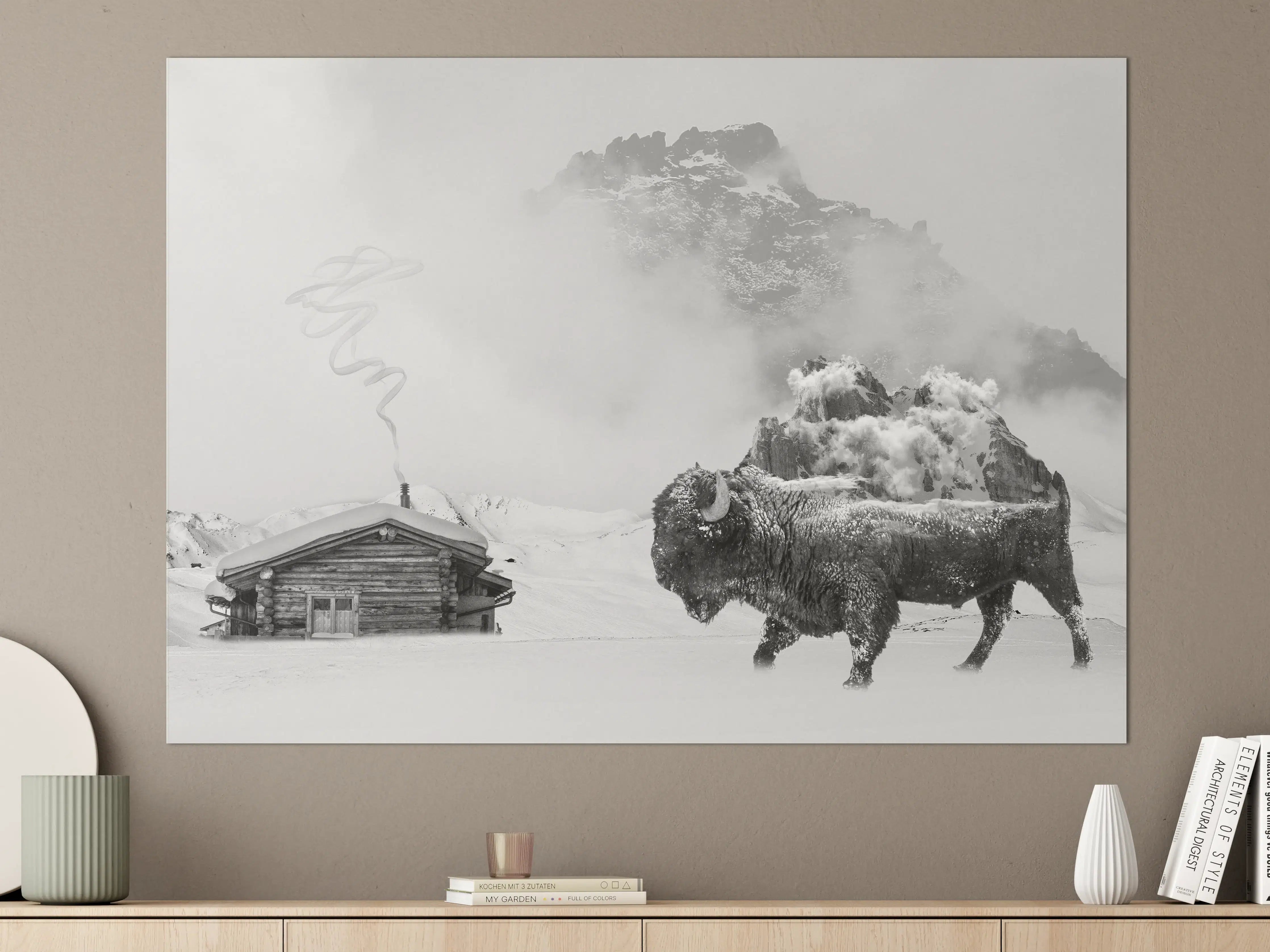 Große Wandbilder - Winterlicher Bison in Schwarz-Weiß