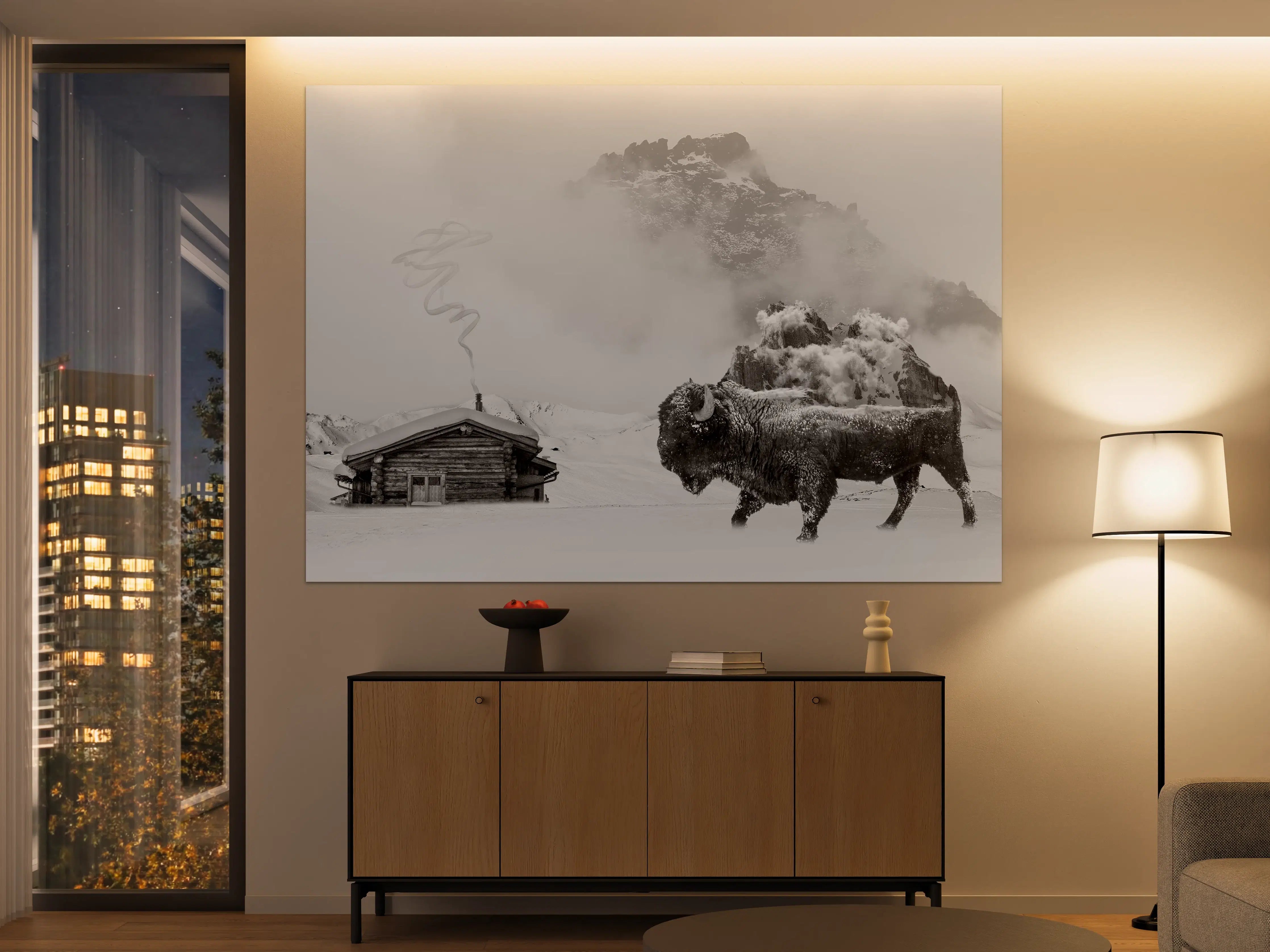 Große Wandbilder - Winterlicher Bison in Schwarz-Weiß