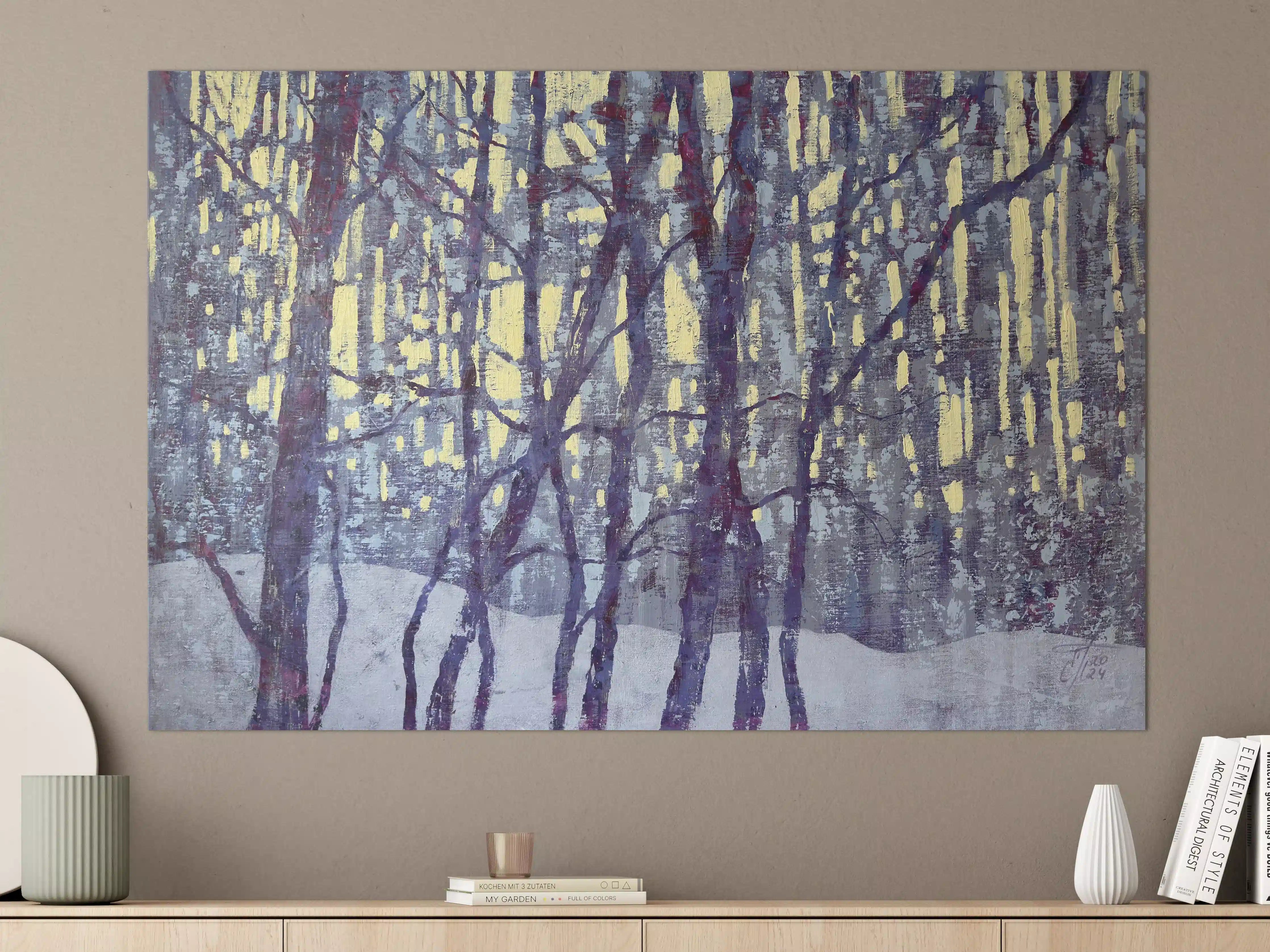 Große Wandbilder - Winterwald in Blau und Gelb