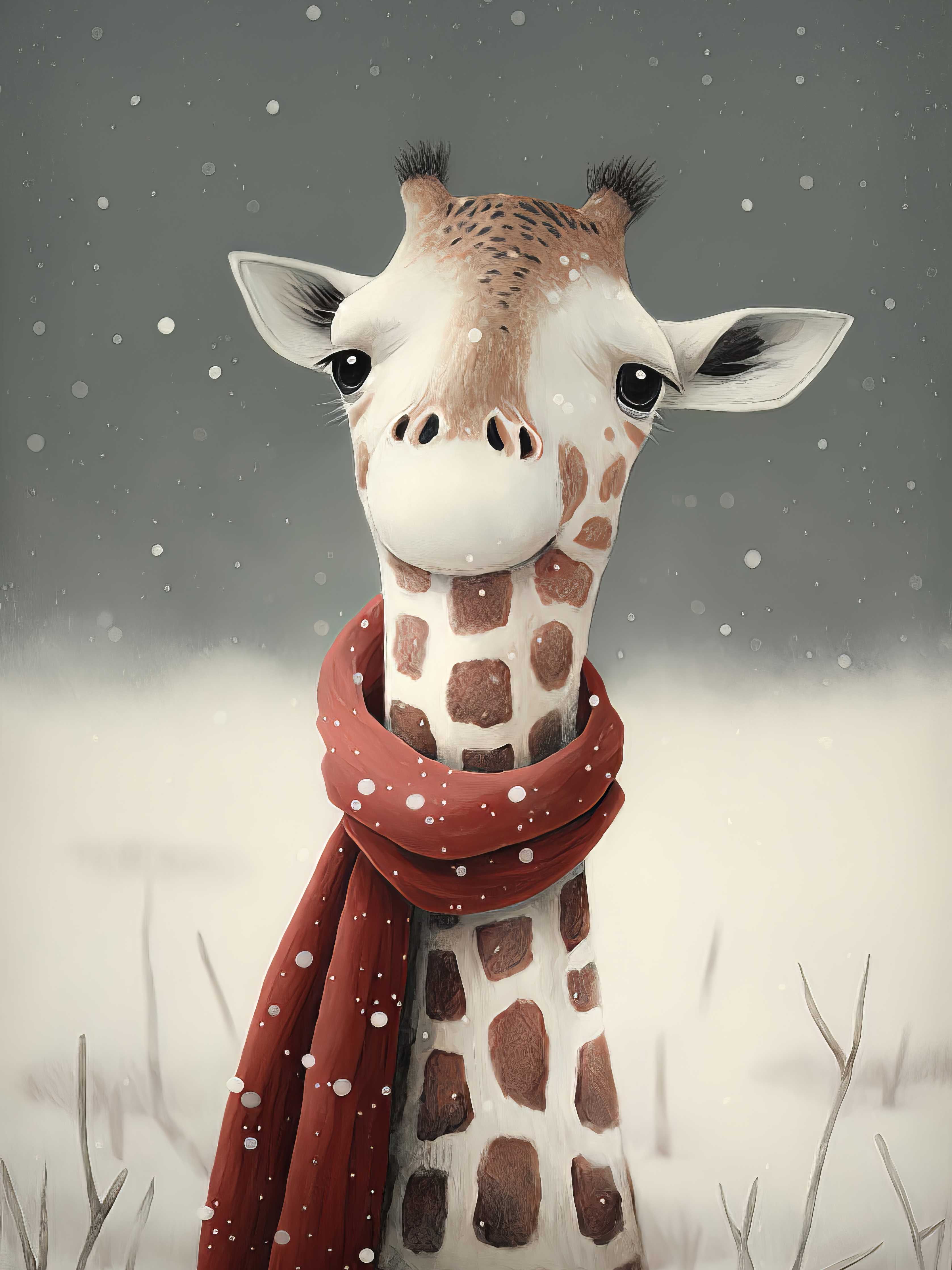 Große Wandbilder-Witzige Giraffe im Winter mit roter Schleife