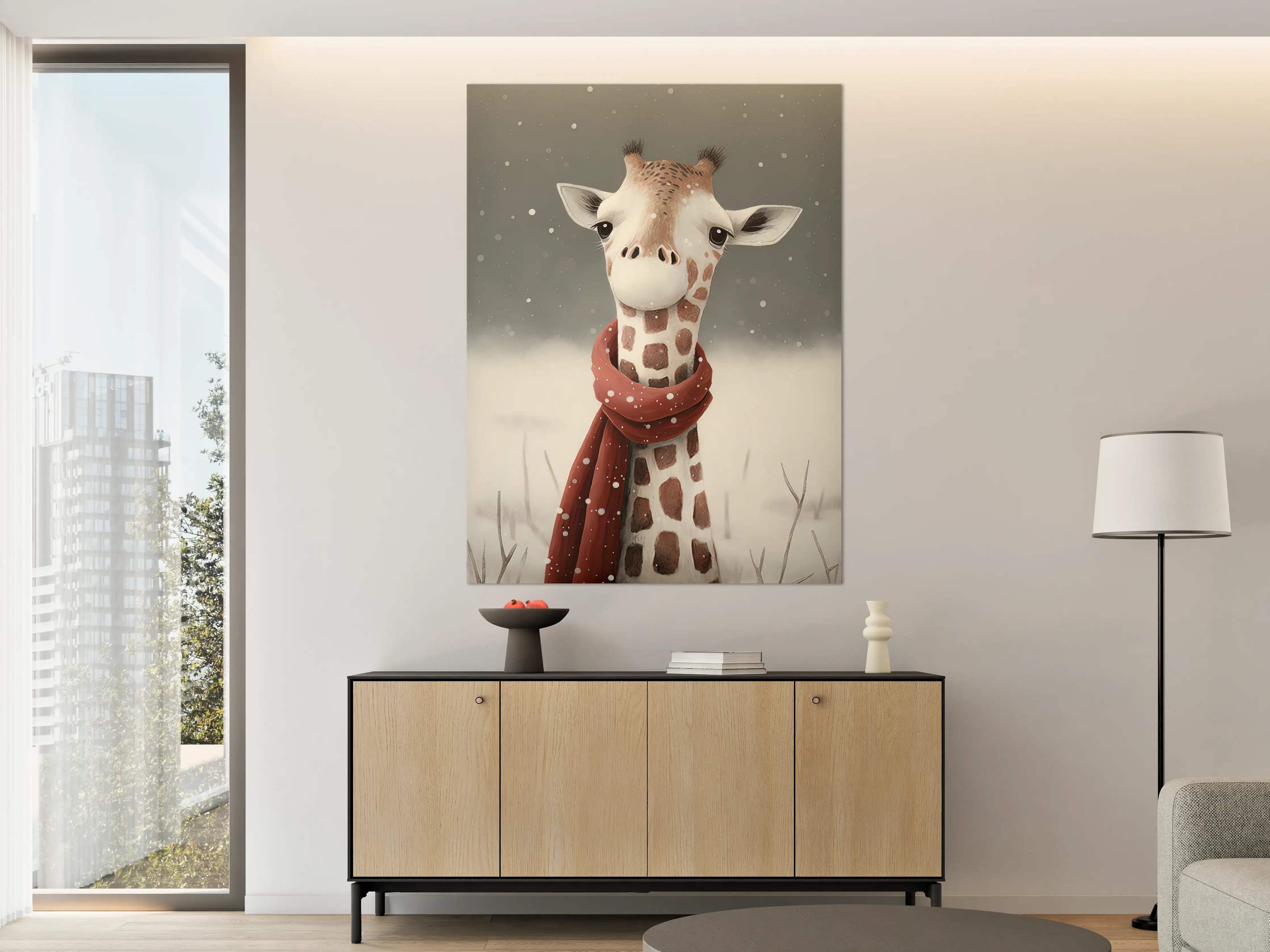 Große Wandbilder - Witzige Giraffe im Winter mit roter Schleife