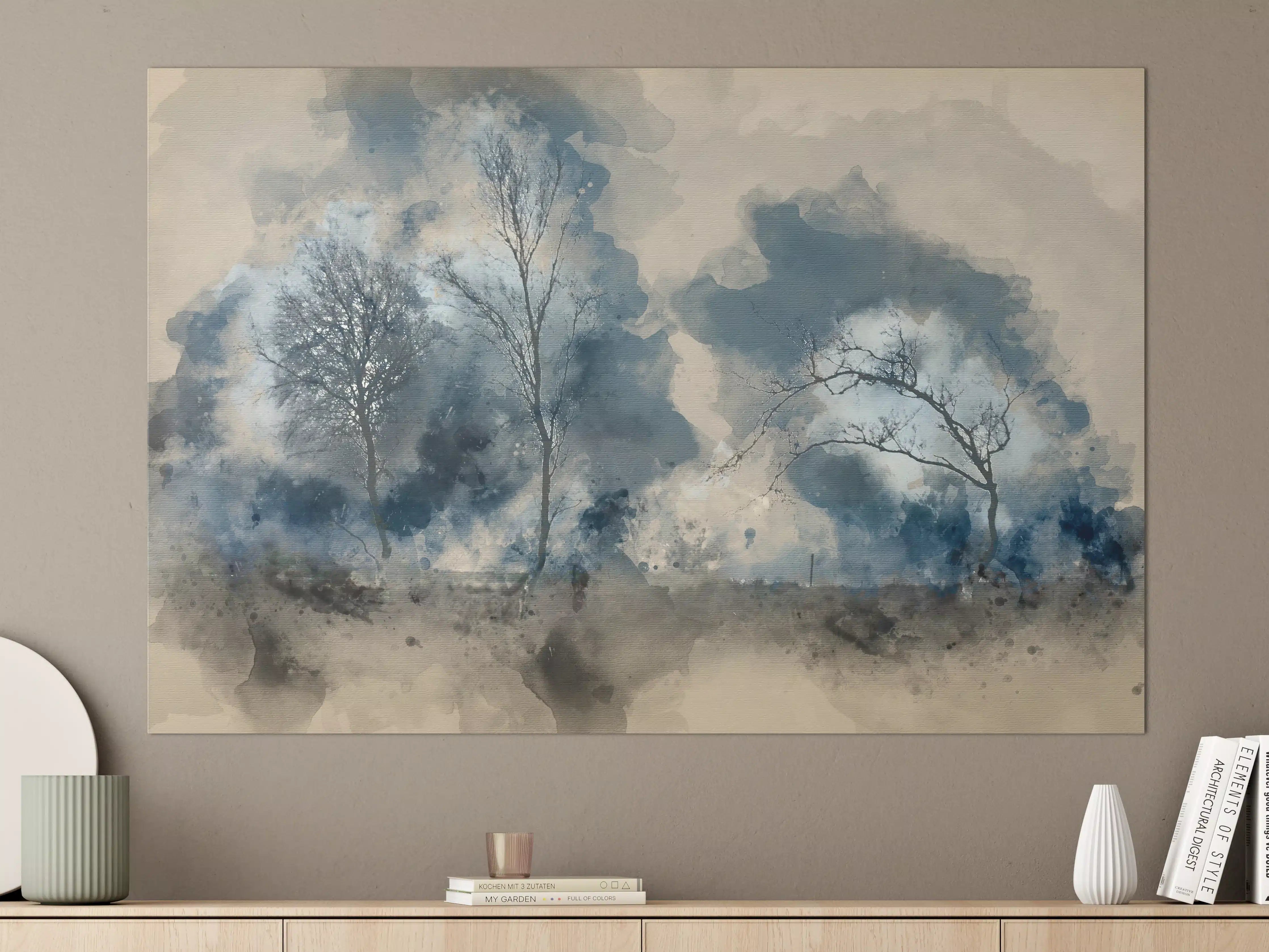 Große Wandbilder - Wolkige Baumlandschaft in Blau