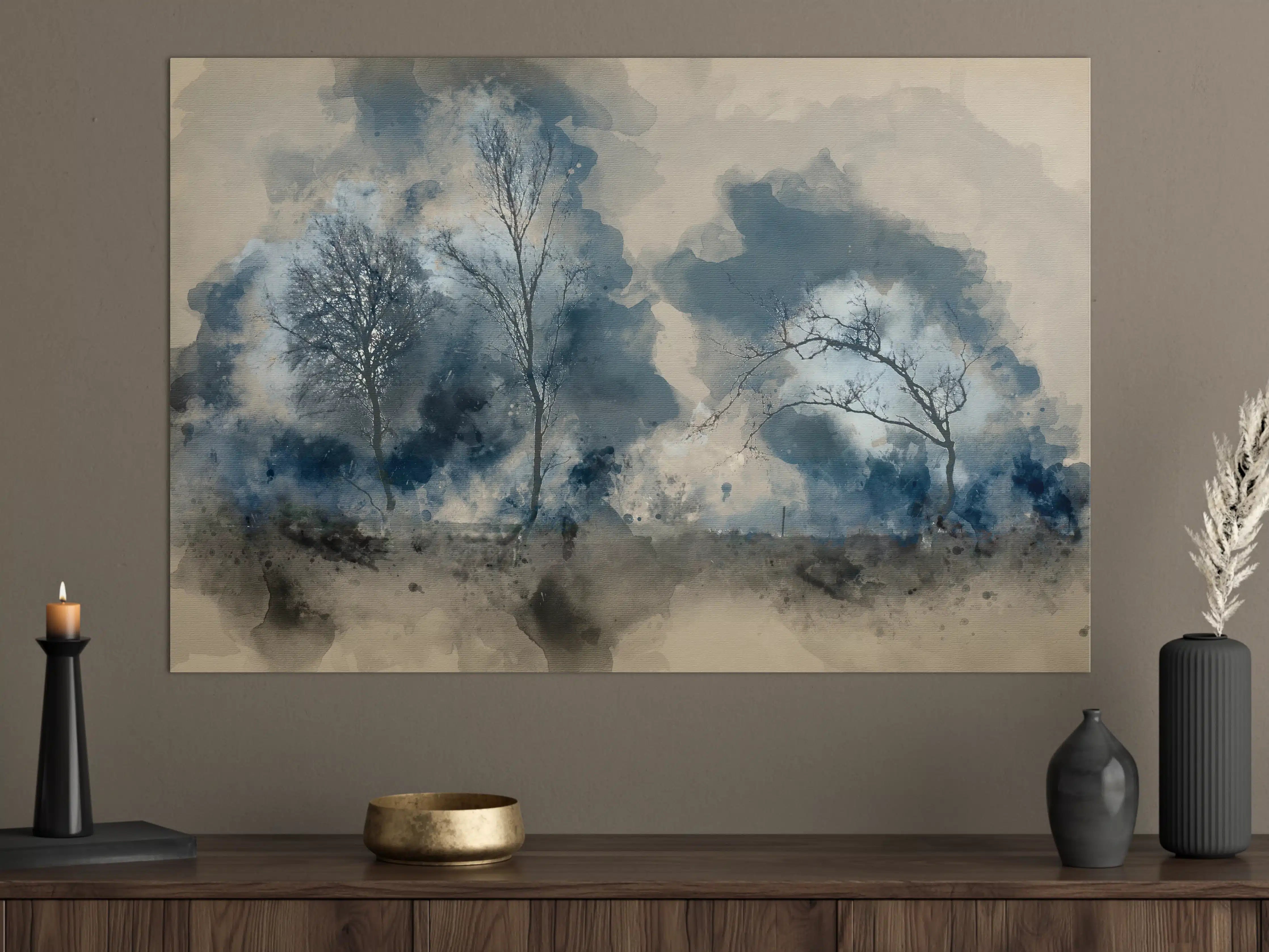 Große Wandbilder - Wolkige Baumlandschaft in Blau