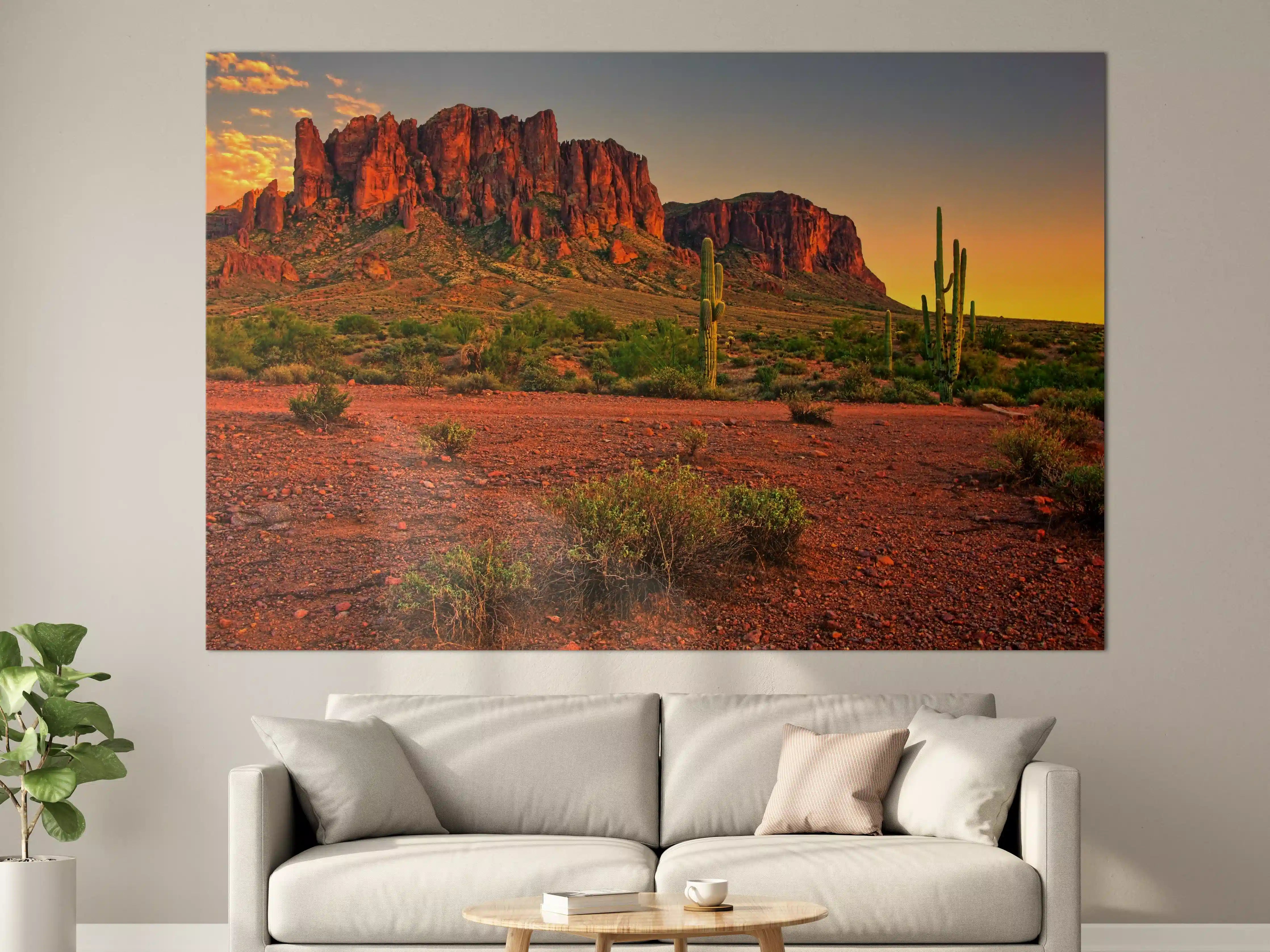 Große Wandbilder - Wüstenlandschaft bei Sonnenuntergang, Rote Felsen und Kakteen