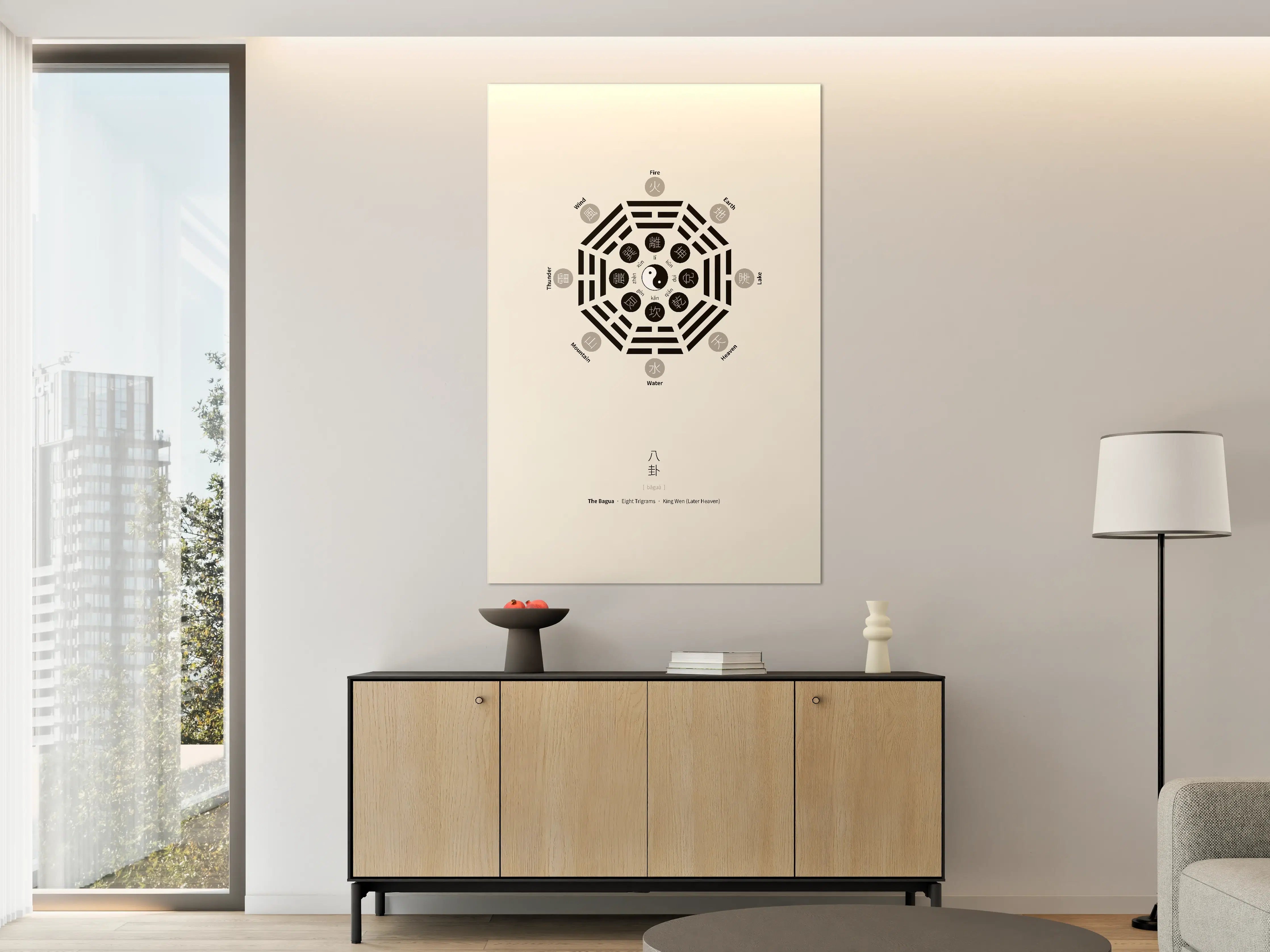 Große Wandbilder - Yin-Yang-Boegen mit Bagua-Symbolen auf beigem Hintergrund
