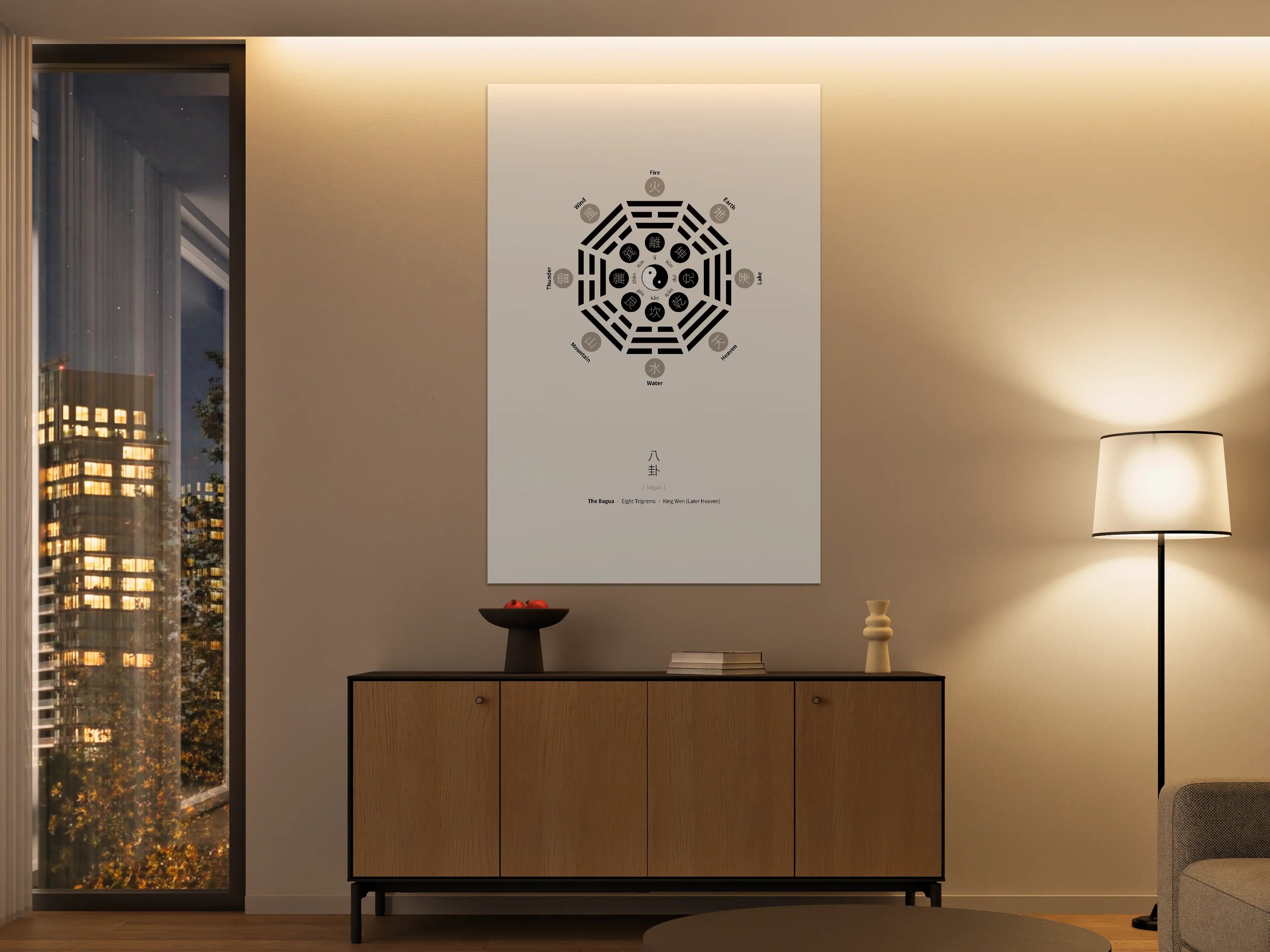 Große Wandbilder - Yin-Yang-Boegen mit Bagua-Symbolen auf beigem Hintergrund