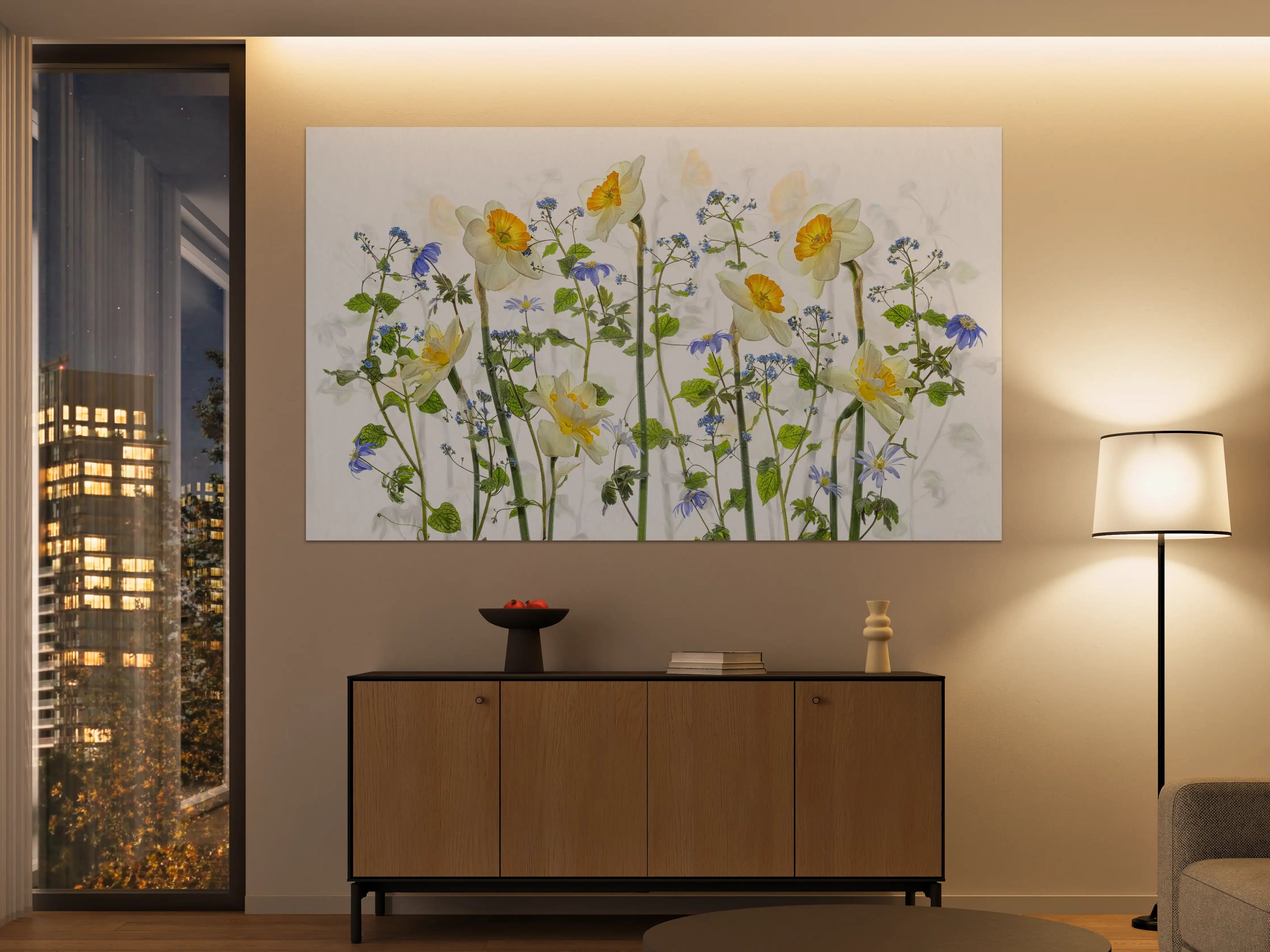 Große Wandbilder - Zarte Blumenwiese mit hellen Narzissen und blauen Blüten