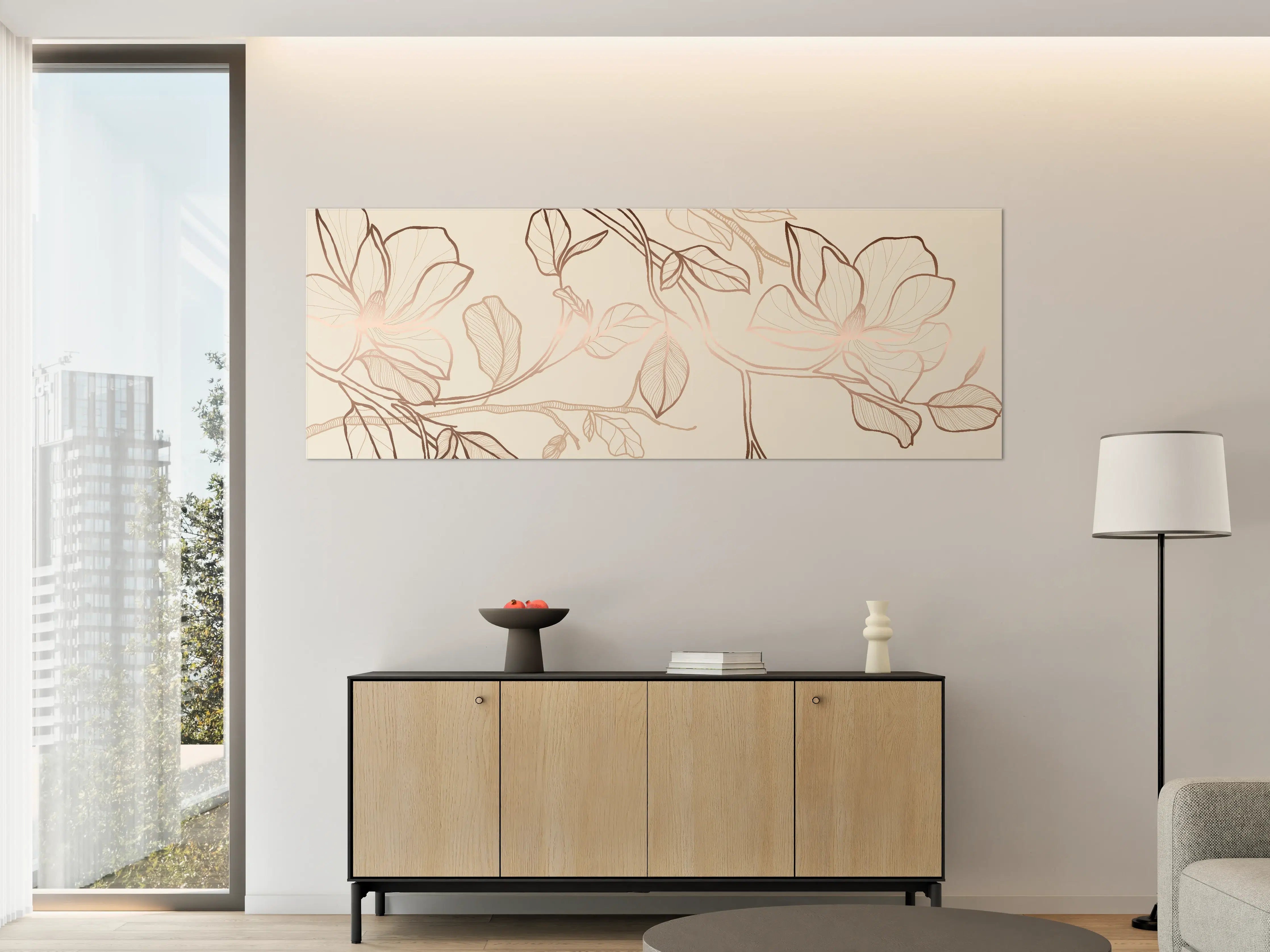 Große Wandbilder - Zarte Blumenzeichnung Beige