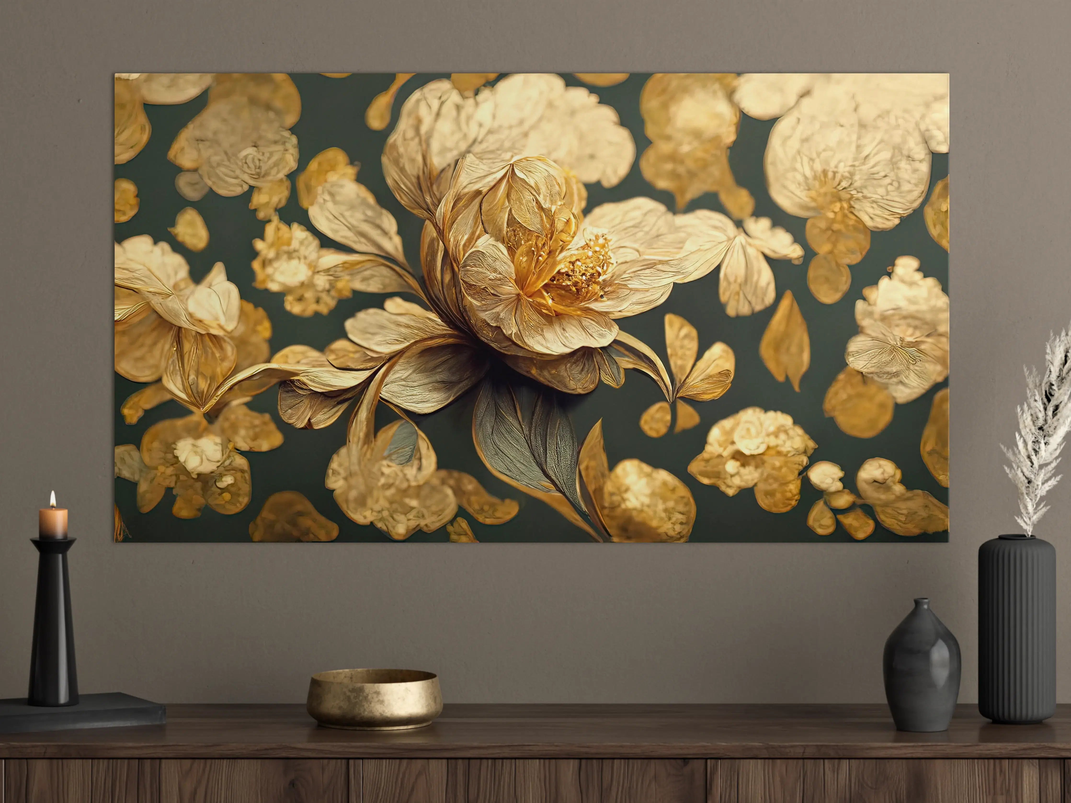Große Wandbilder - Zarte Goldblumen vor dunklem Grau