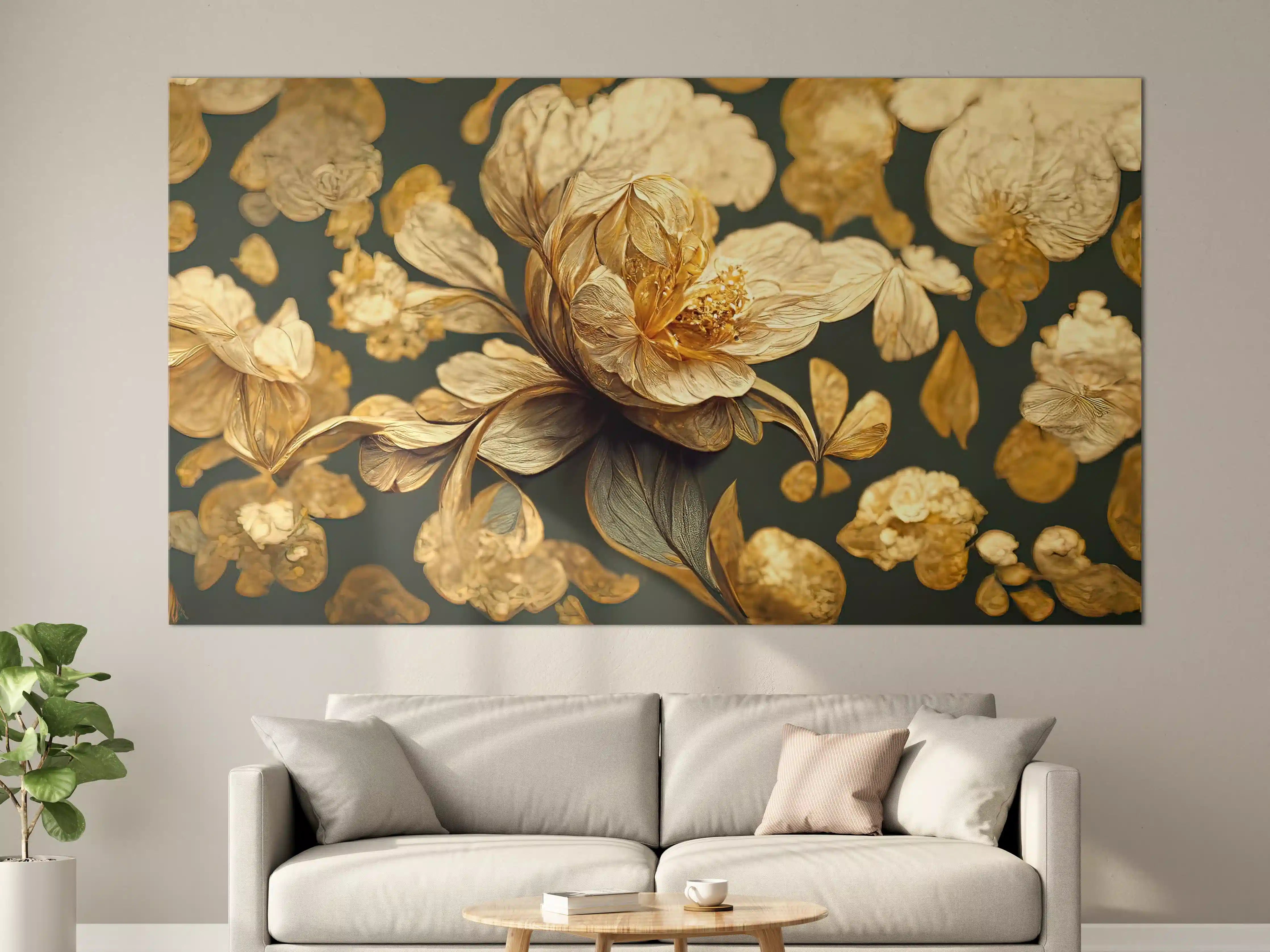 Große Wandbilder - Zarte Goldblumen vor dunklem Grau