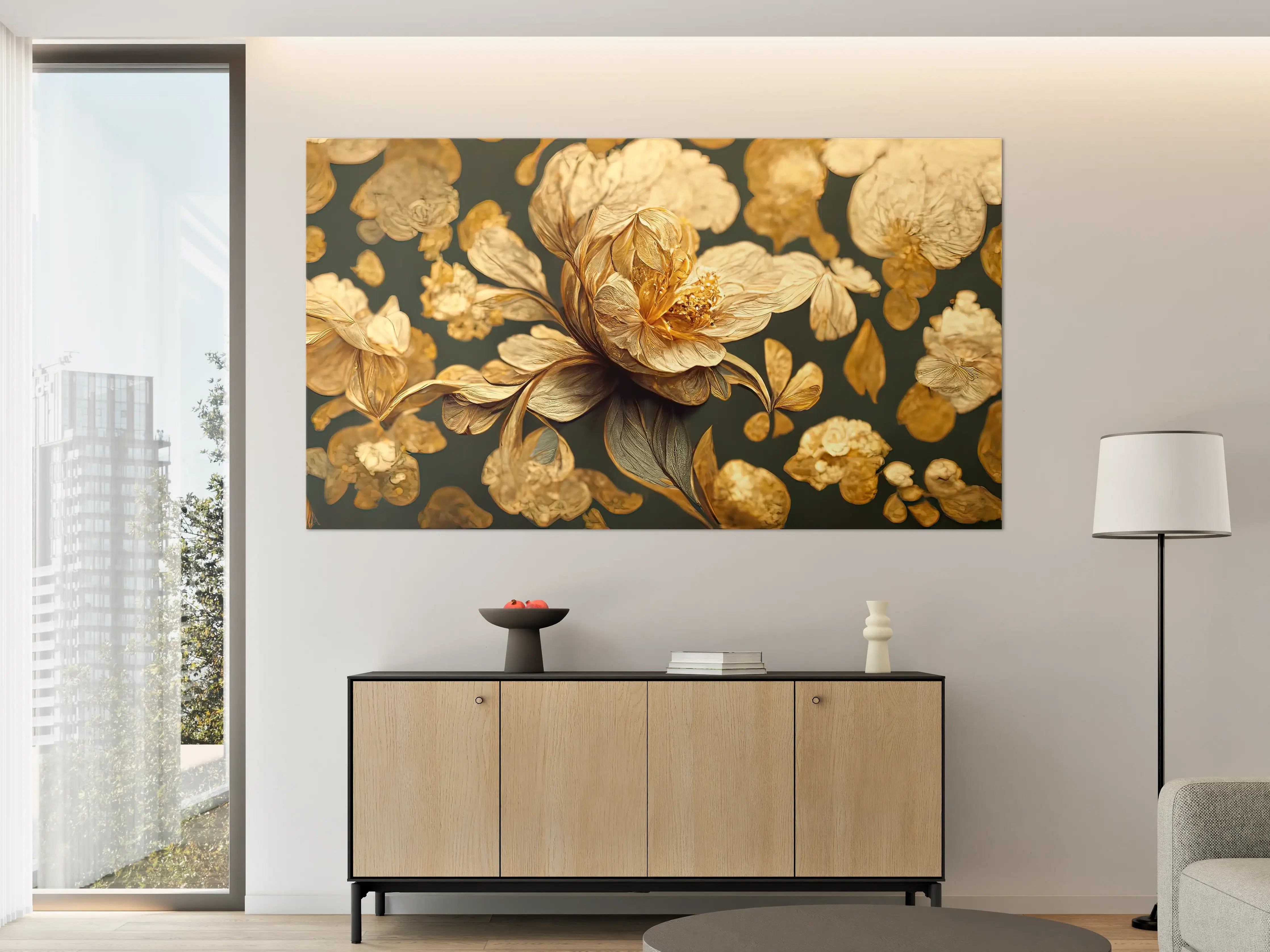 Große Wandbilder - Zarte Goldblumen vor dunklem Grau