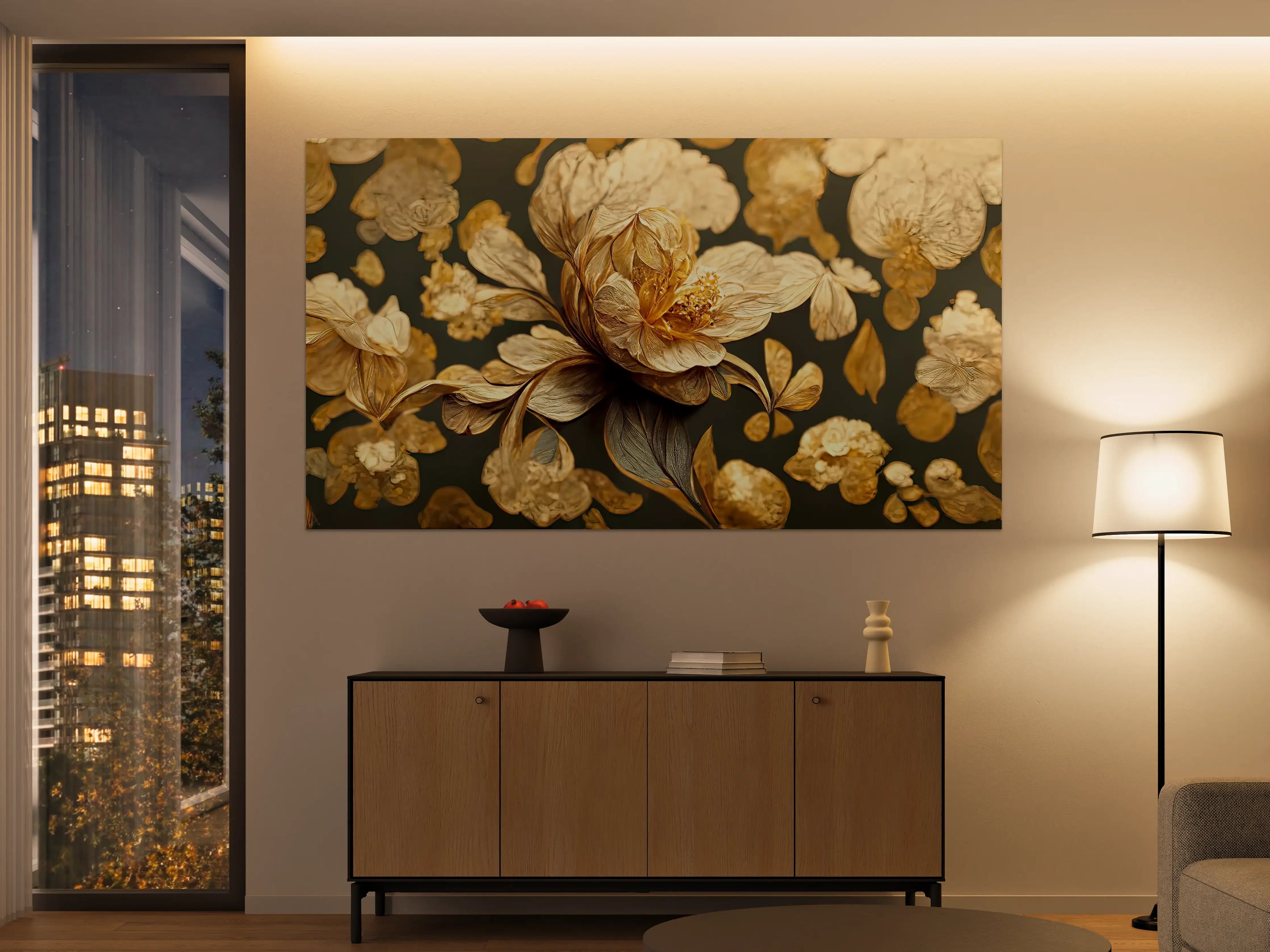 Große Wandbilder - Zarte Goldblumen vor dunklem Grau
