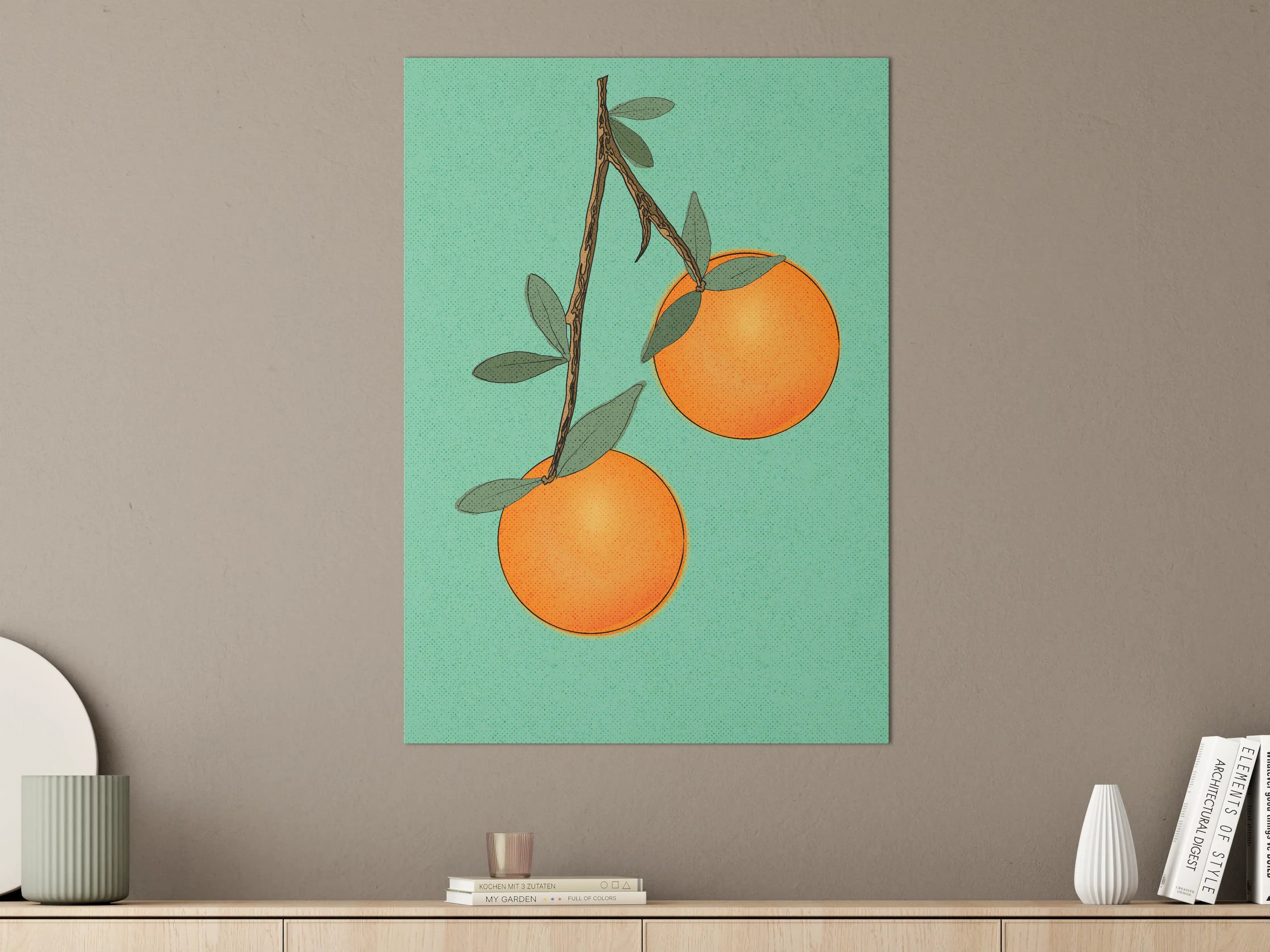 Große Wandbilder - Zarte Orangenszene auf grünem Hintergrund