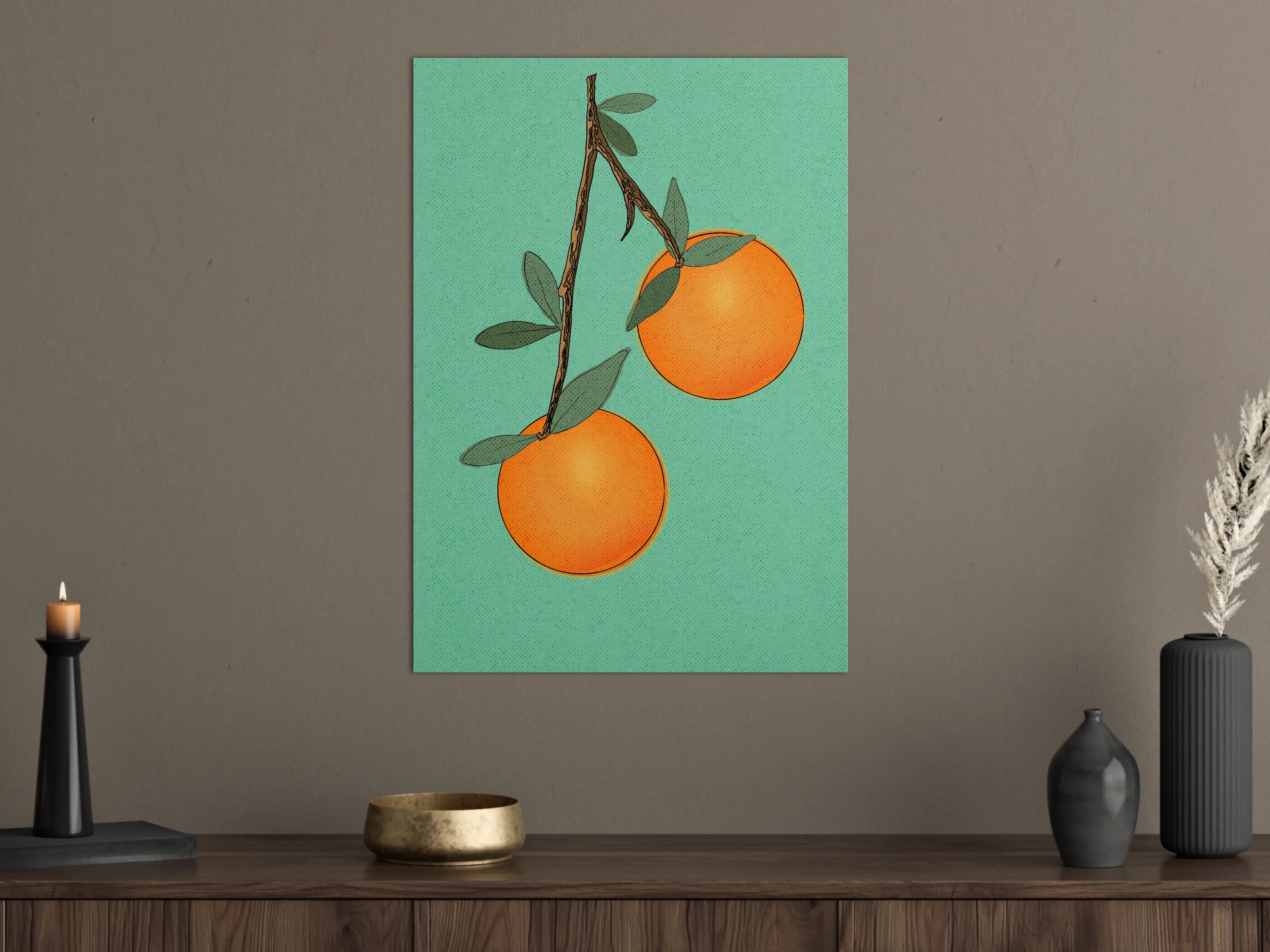 Große Wandbilder - Zarte Orangenszene auf grünem Hintergrund