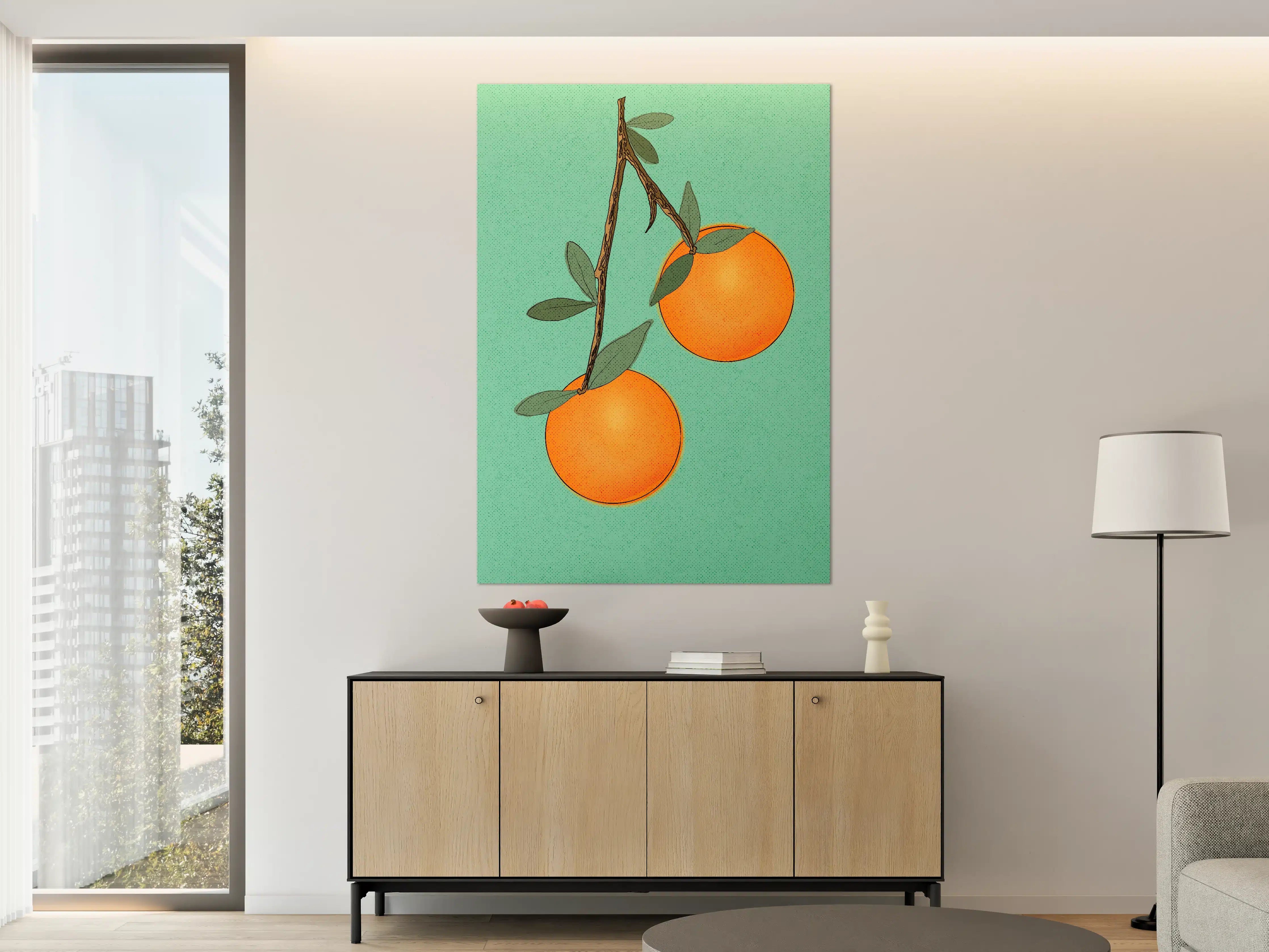 Große Wandbilder - Zarte Orangenszene auf grünem Hintergrund