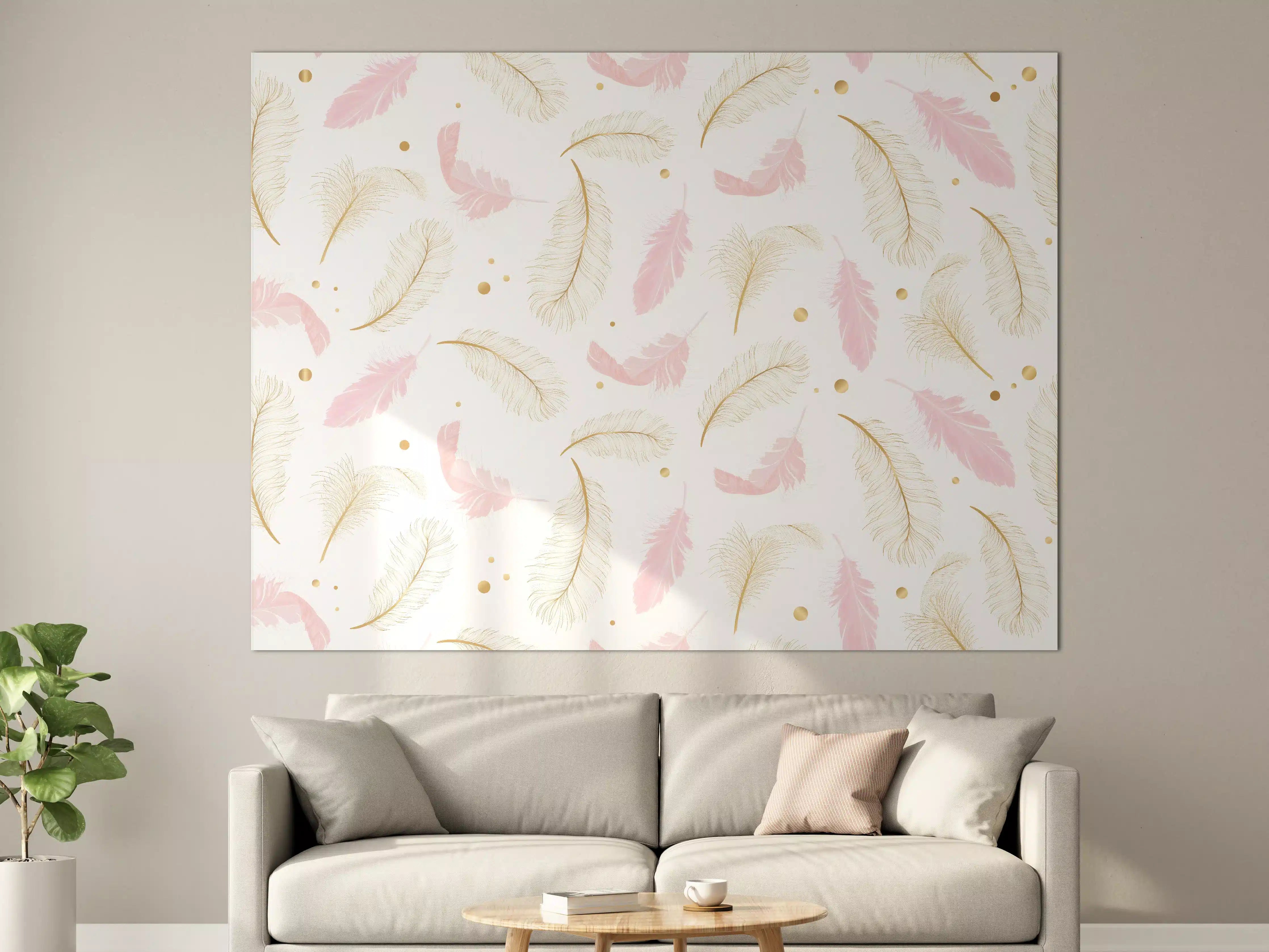 Große Wandbilder - Zarte Rosa-Gold Feder-Muster