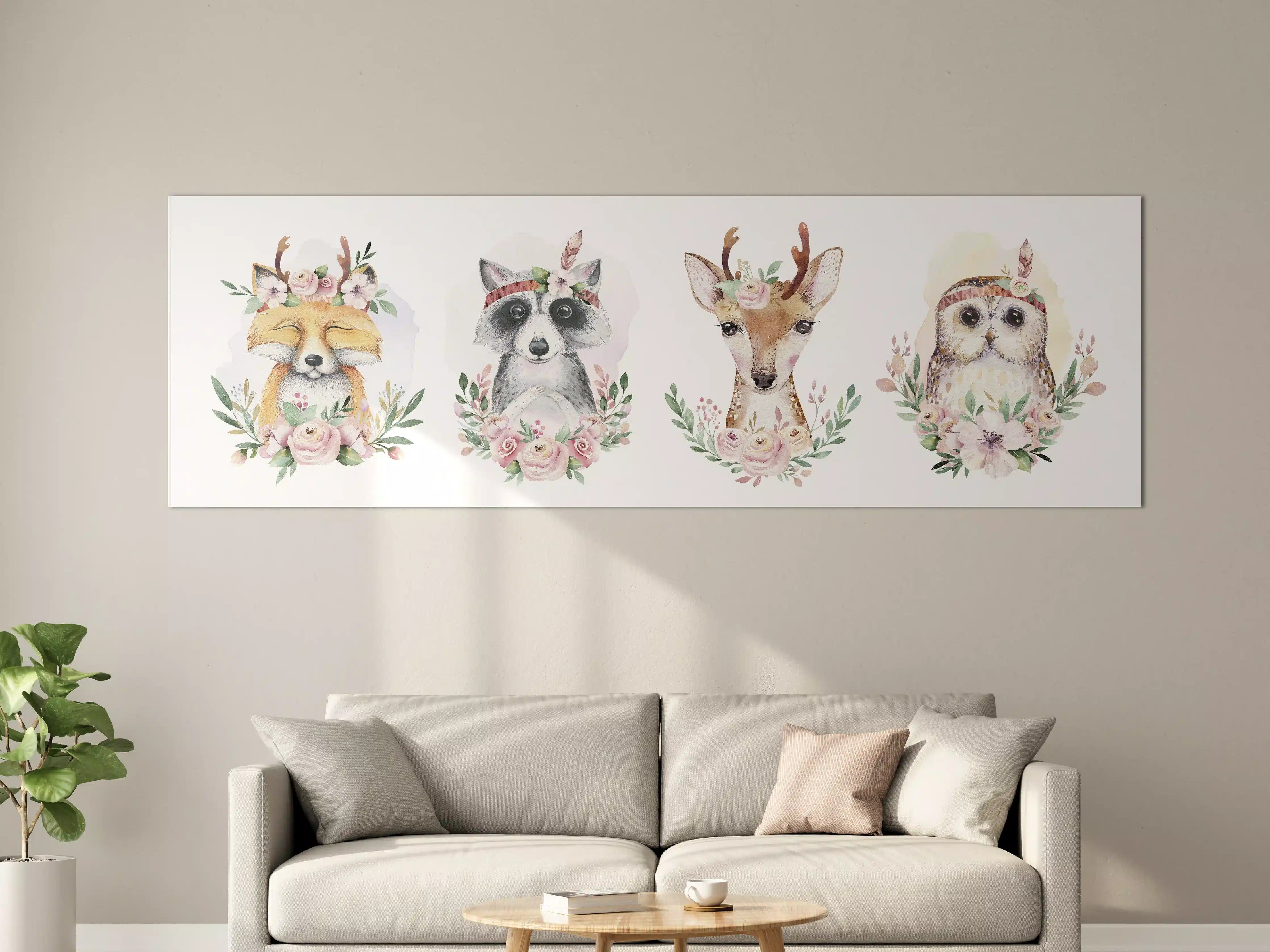 Große Wandbilder - Zarte Tiermotive mit Graublumenkränzen