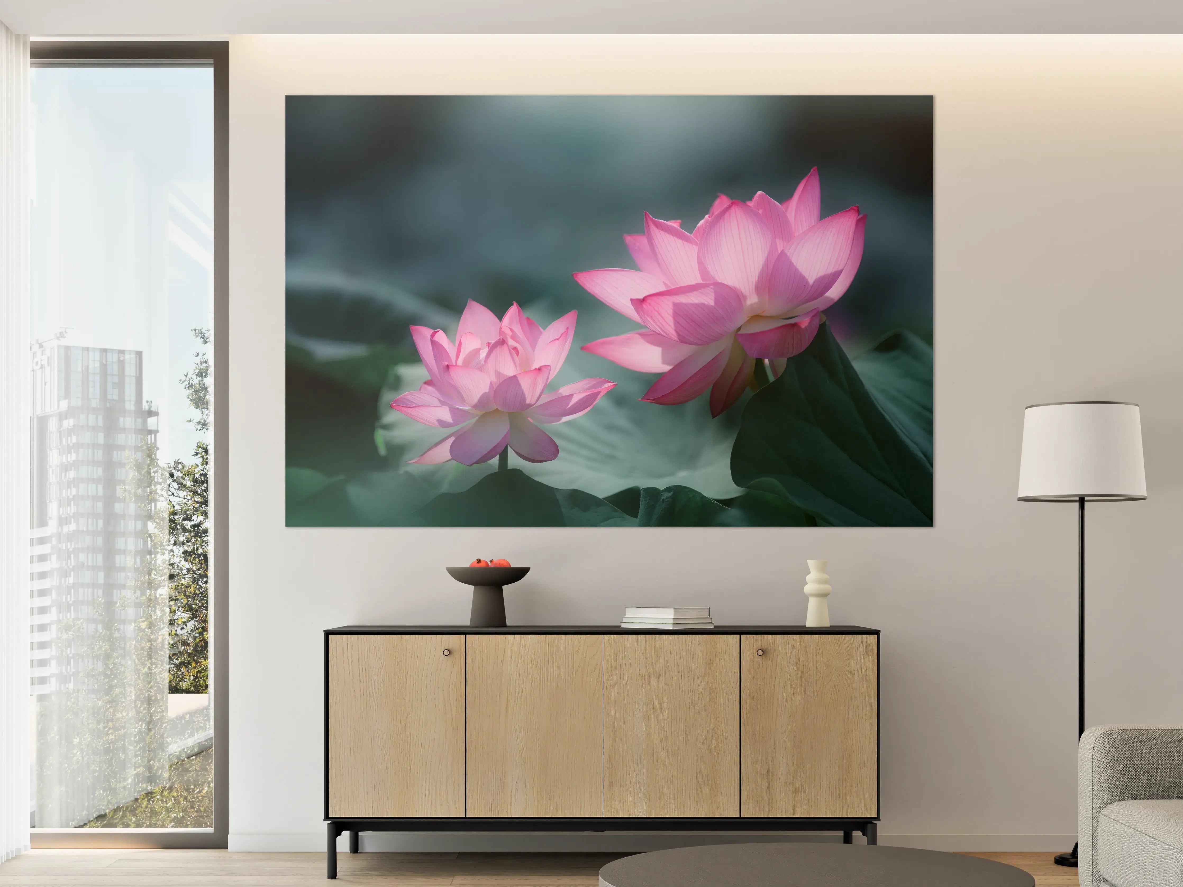 Große Wandbilder - Zarte pinke Lotusblumen auf Wasser mit Blättern