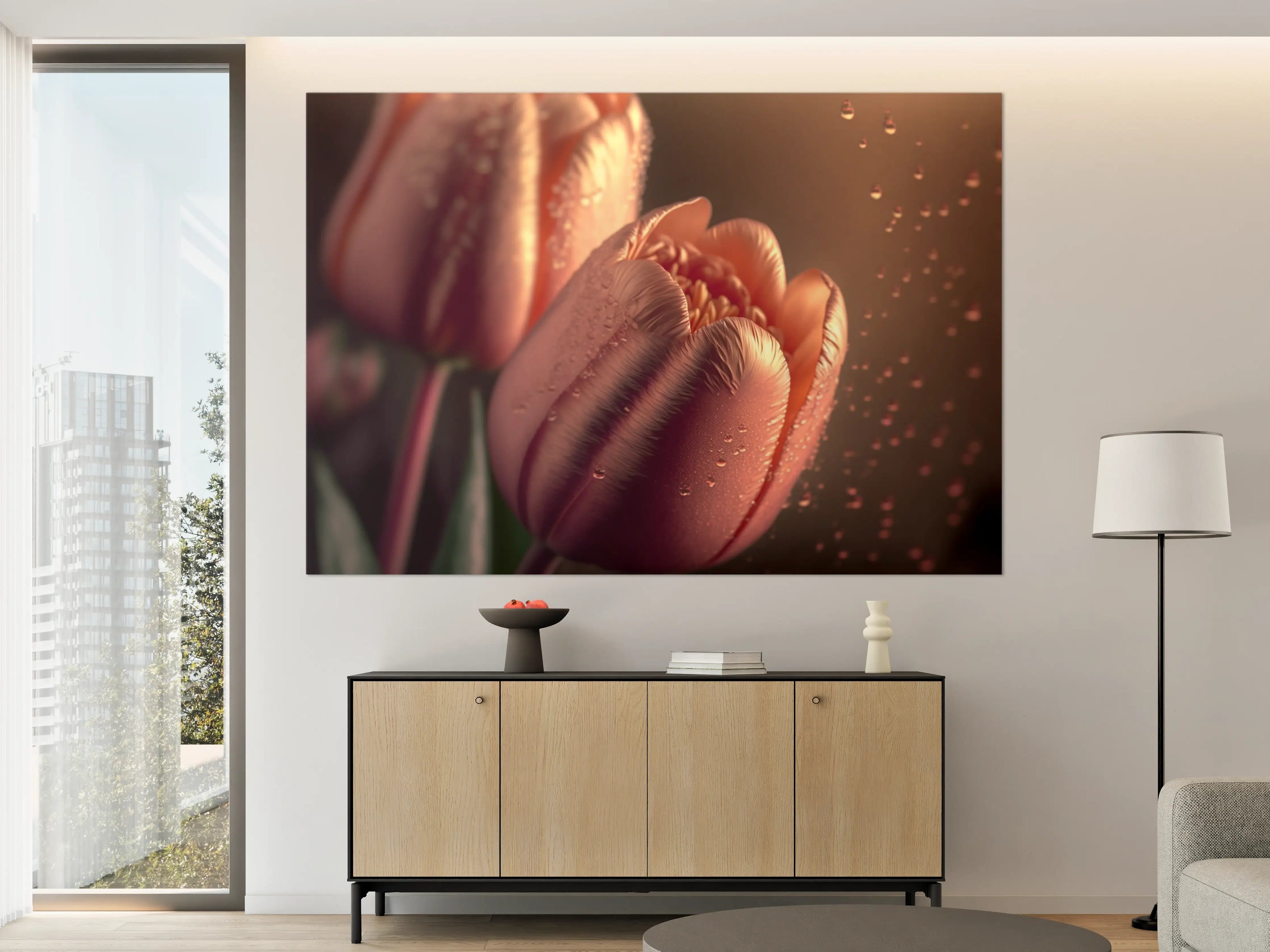 Große Wandbilder - Zarte pinke Tulpen mit Wassertröpfchen