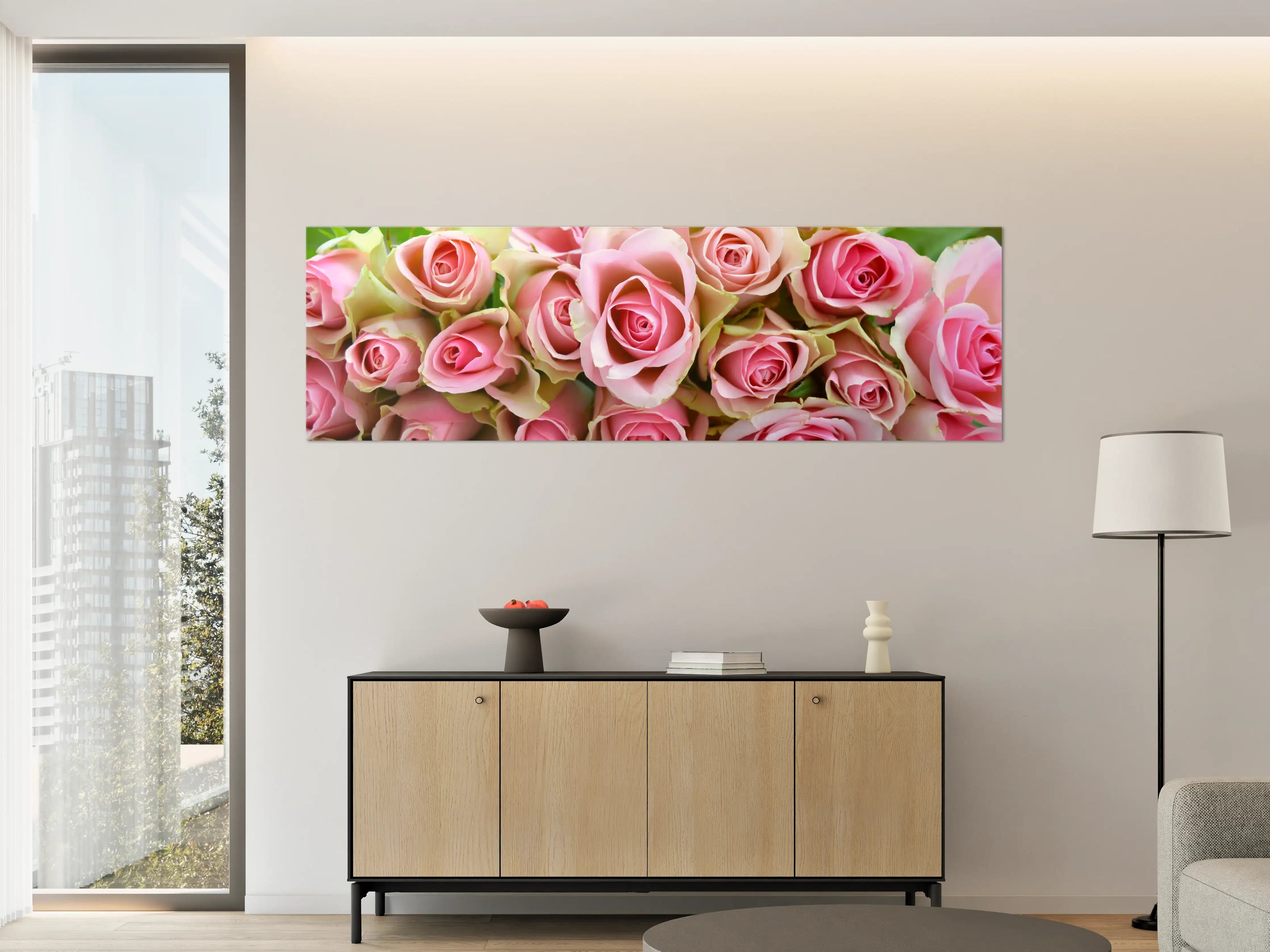 Große Wandbilder - Zarte rosa Rosensträuße mit grünen Blättern