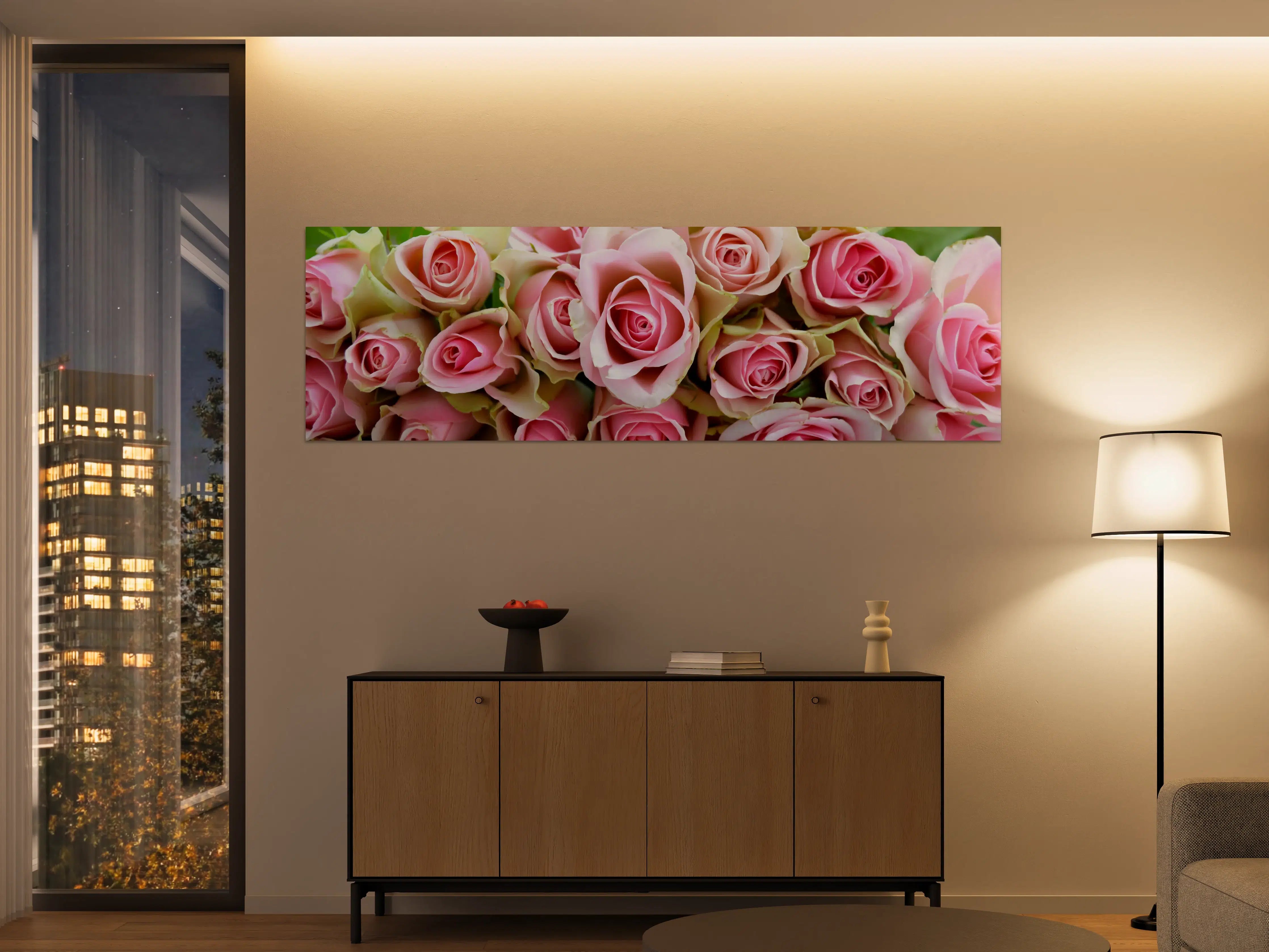 Große Wandbilder - Zarte rosa Rosensträuße mit grünen Blättern