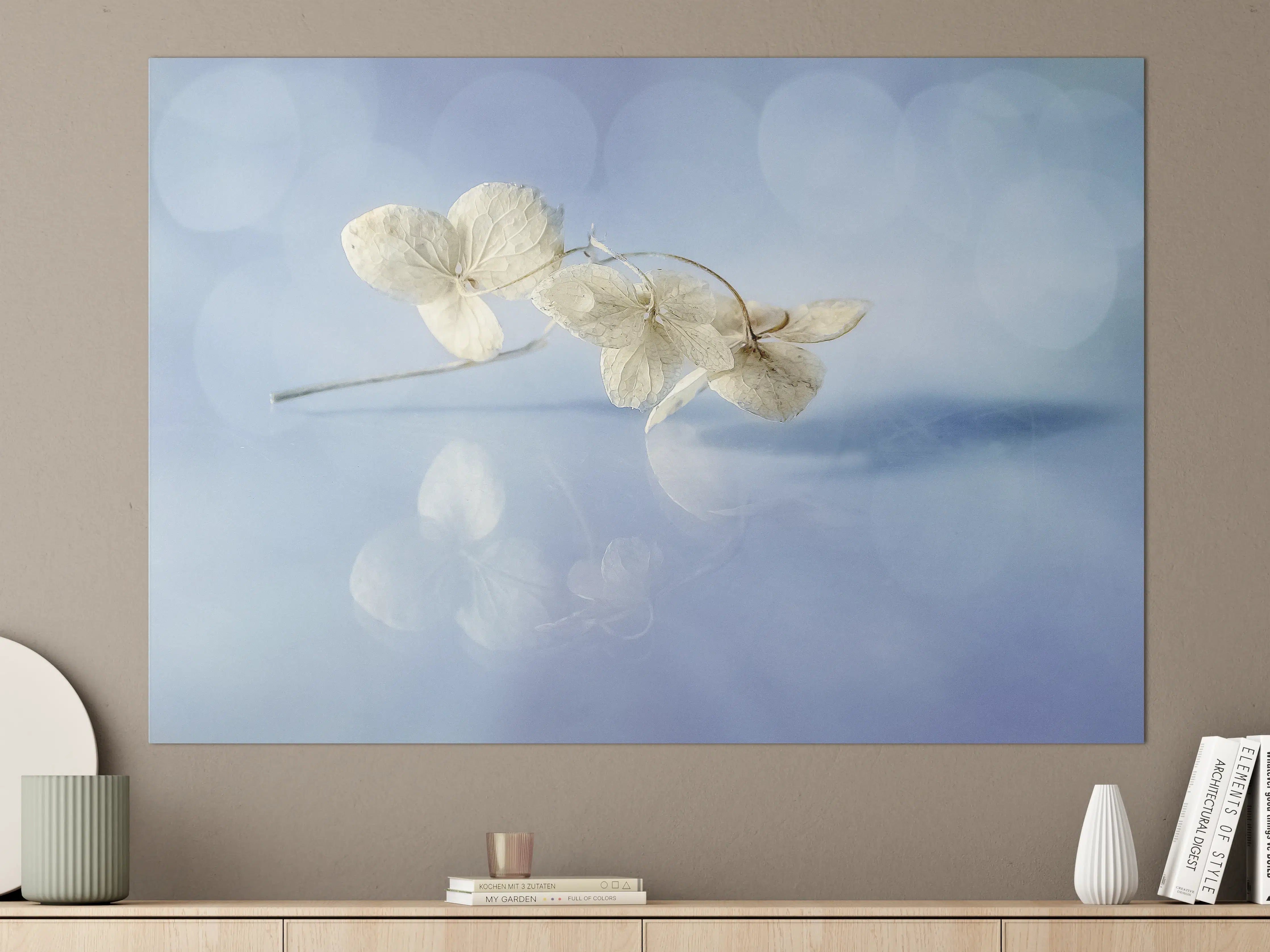Große Wandbilder - Zarte weiße Blumen auf blauem Hintergrund