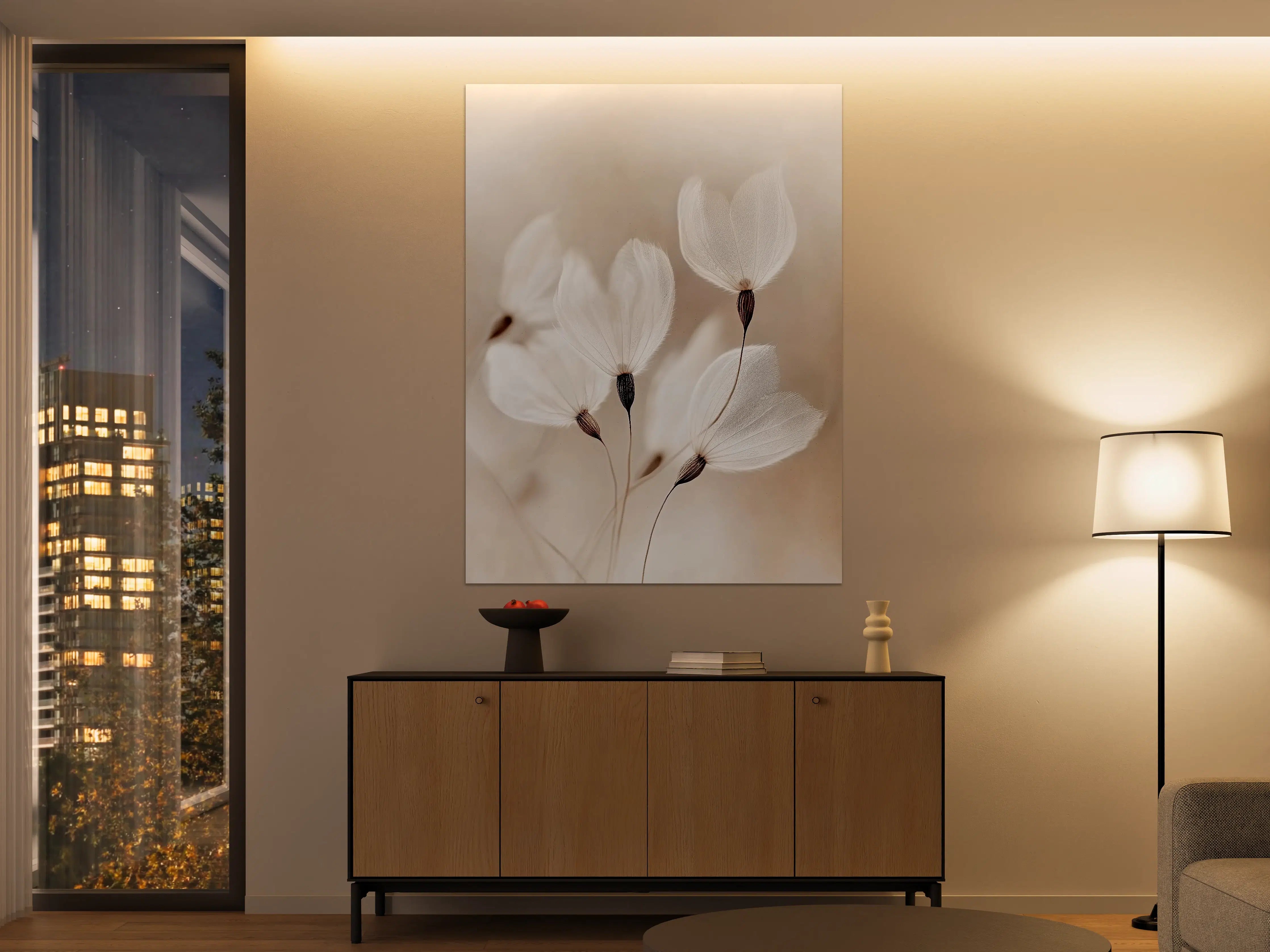 Große Wandbilder - Zarte weiße Blumen in weichem Licht