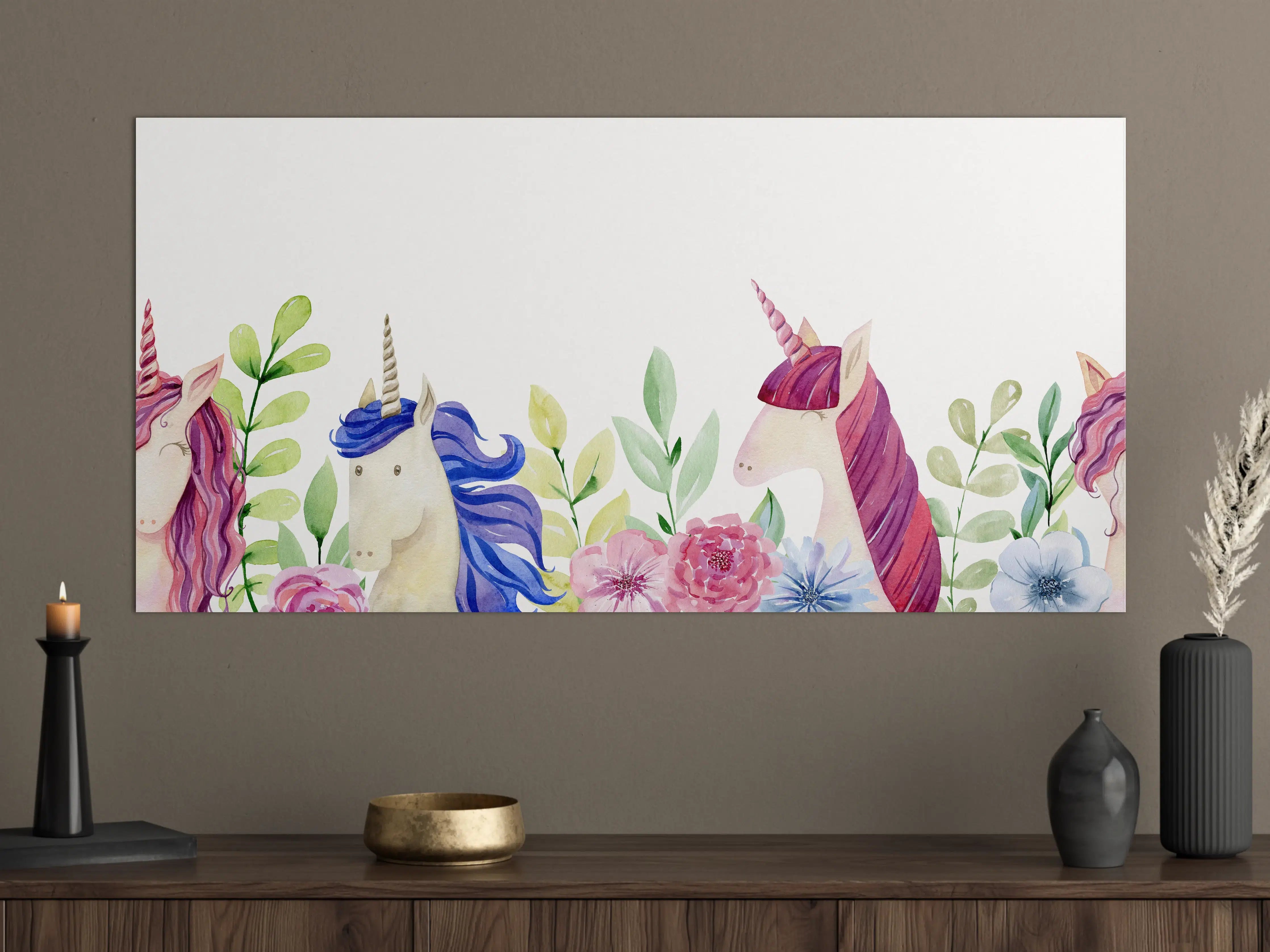 Große Wandbilder - Zauberhafte Einhorn-Welt mit bunten Blumen
