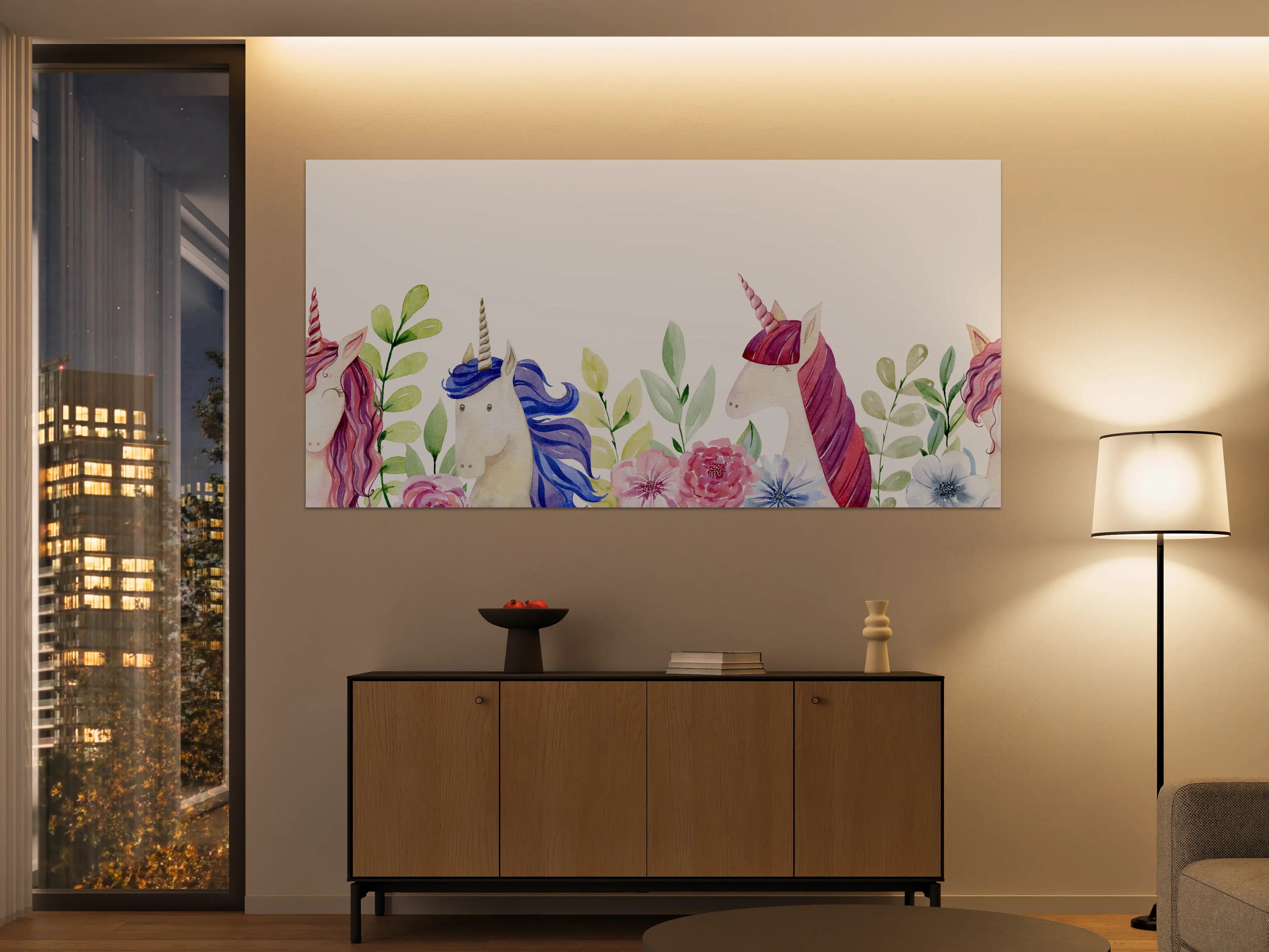 Große Wandbilder - Zauberhafte Einhorn-Welt mit bunten Blumen